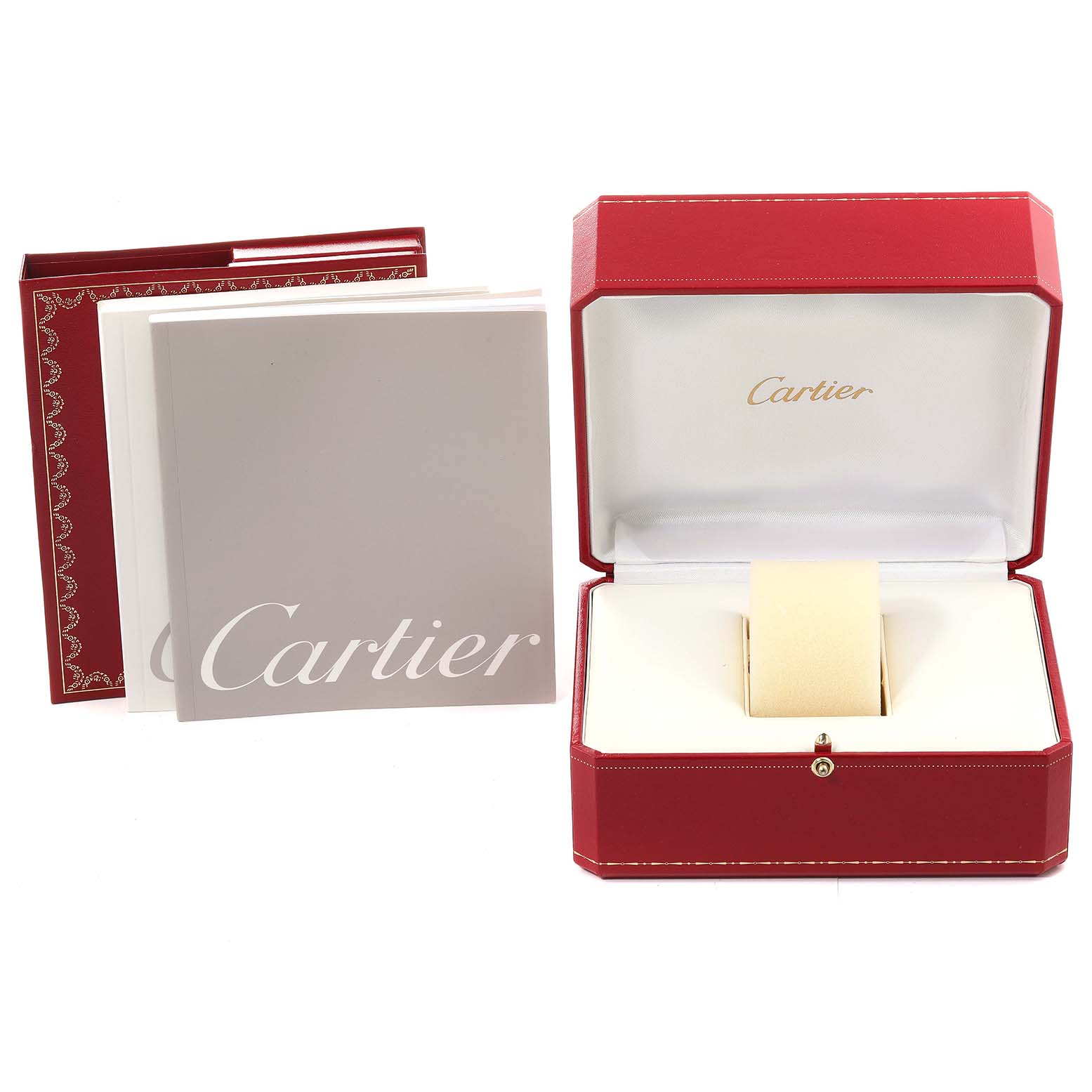 This image shows the packaging and booklets for the Cartier Tank Francaise W51008Q3 Women's Stainless Steel Silver Dial W51008Q3 Women's Stainless Steel Silver Dial watch, including a red watch box and accompanying documents.