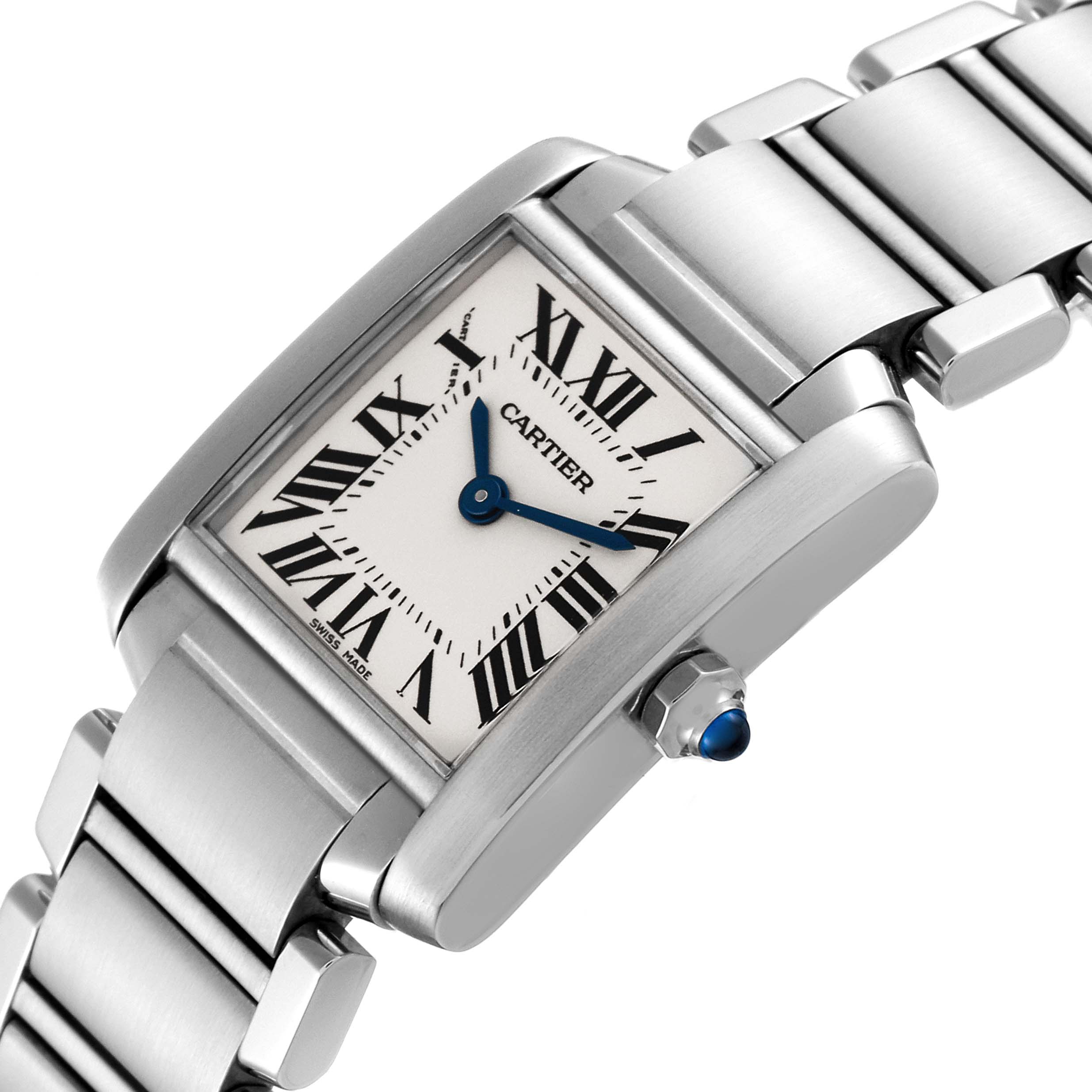 The image shows a Cartier Tank Française watch at a tilted angle, displaying the face, case, bracelet, and crown.