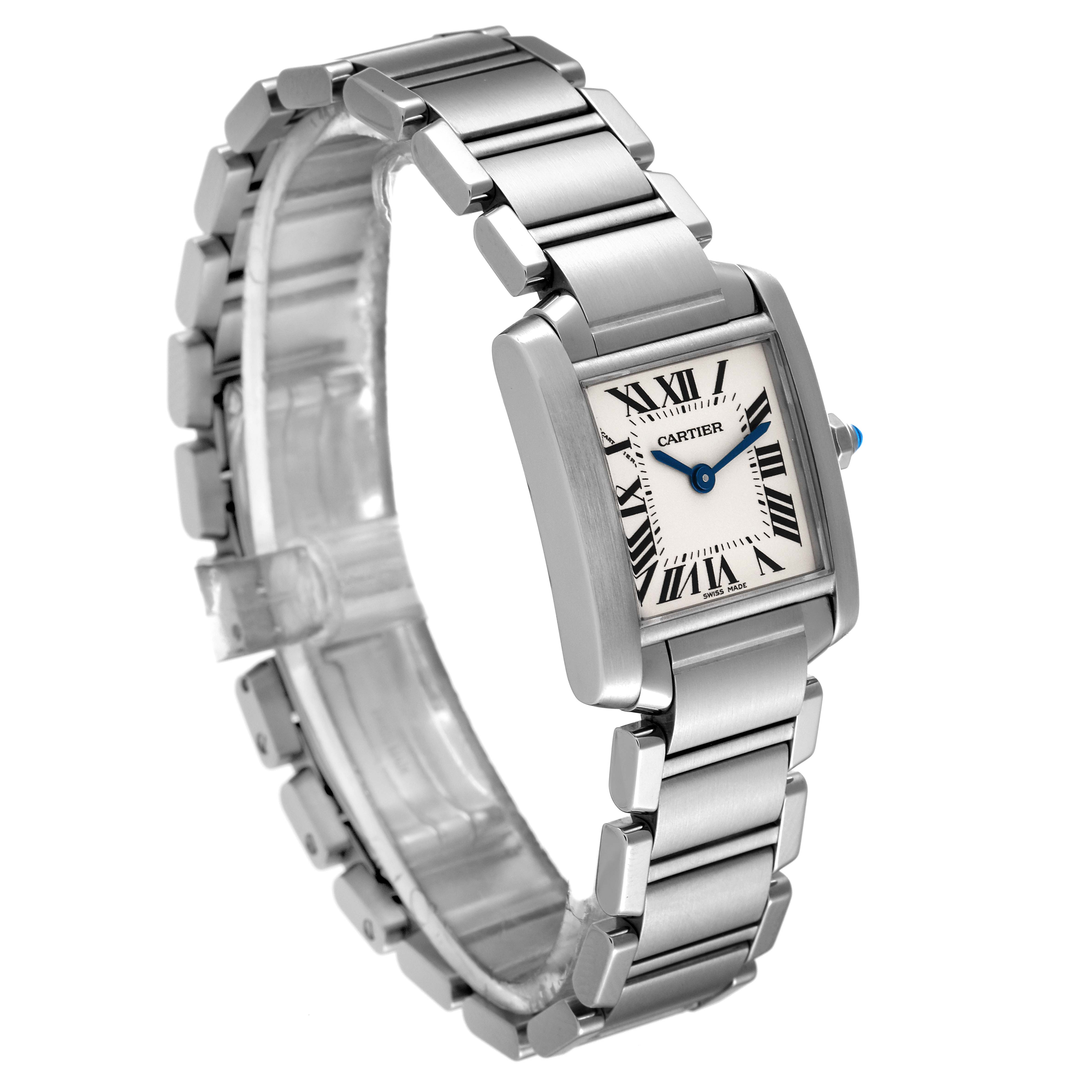 This Cartier Tank Francaise W51008Q3 Women's Stainless Steel Silver Dial W51008Q3 Women's Stainless Steel Silver Dial watch is shown at a three-quarter angle, displaying its rectangular face and stainless steel bracelet.