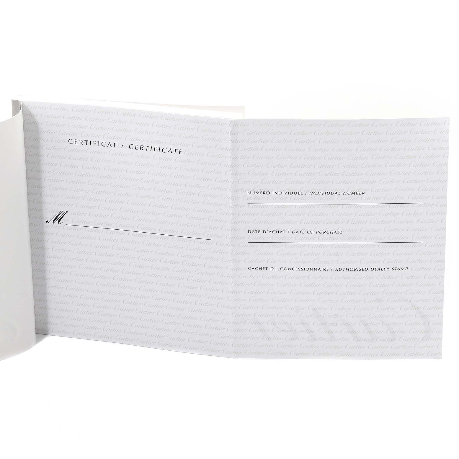 This image shows the authenticity certificate booklet for the Cartier Tank Française watch, unfolded and displaying the interior pages.