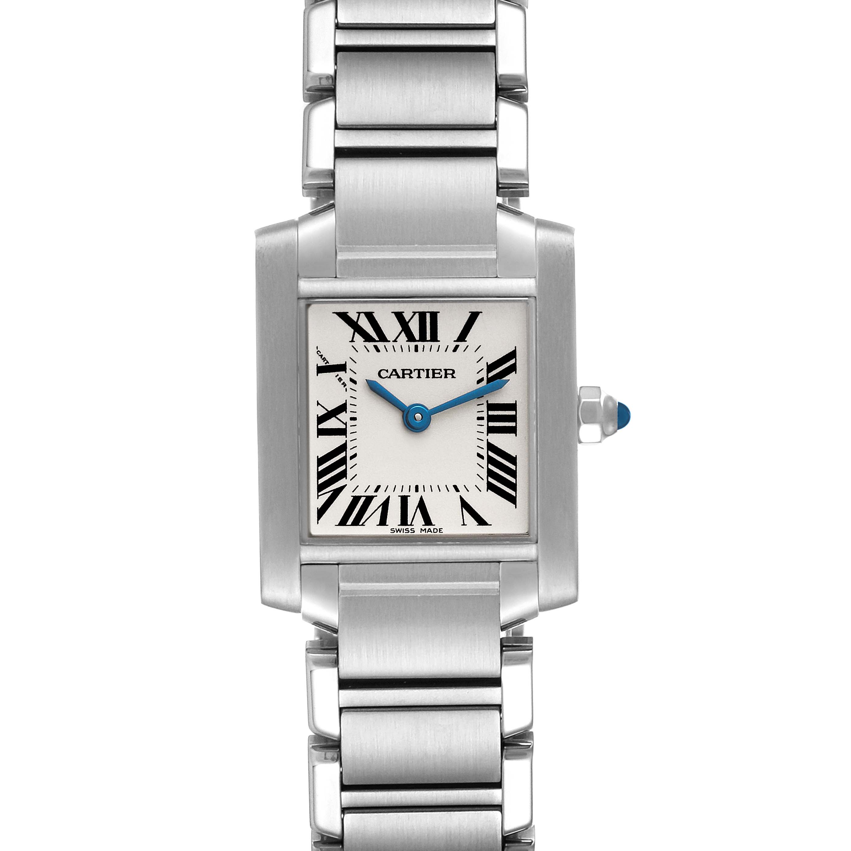 This image shows a front view of the Cartier Tank Francaise W51008Q3 Women's Stainless Steel Silver Dial W51008Q3 Women's Stainless Steel Silver Dial watch, focusing on its face and bracelet.