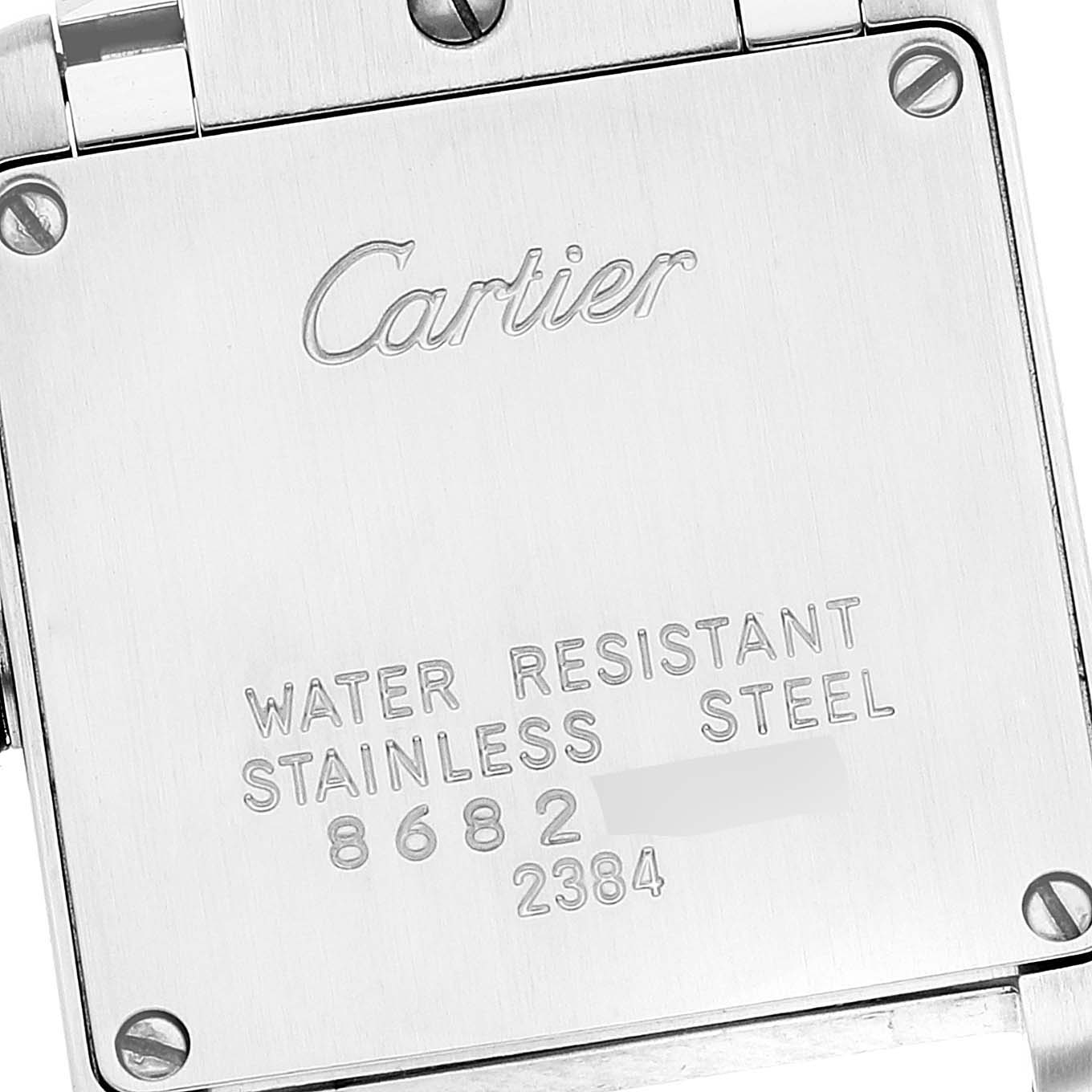 The image shows the back case of a Cartier Tank Française watch, highlighting its water resistance and stainless steel material.