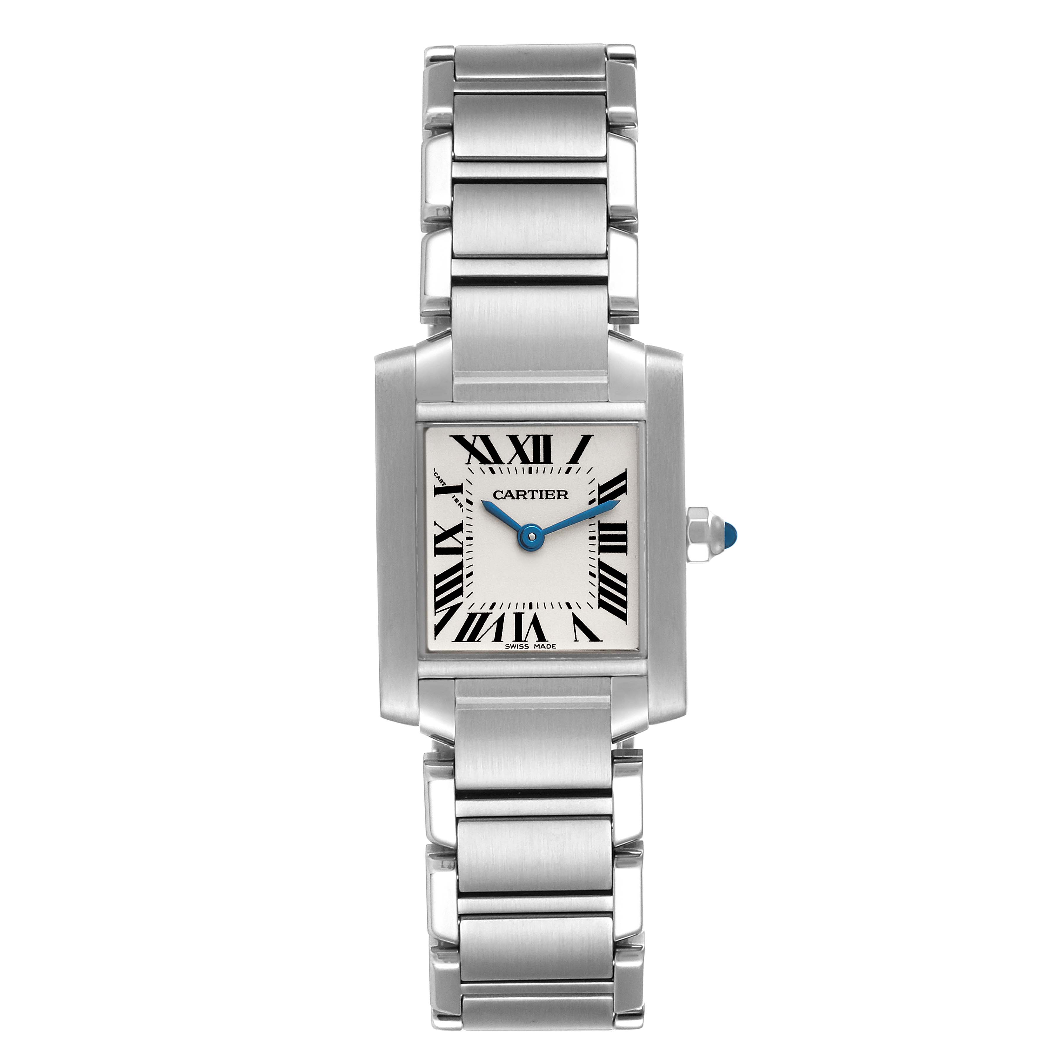 The image shows a Cartier Tank Francaise W51008Q3 Women's Stainless Steel Silver Dial W51008Q3 Women's Stainless Steel Silver Dial watch with a square face, Roman numerals, blue hands, and a stainless steel bracelet.