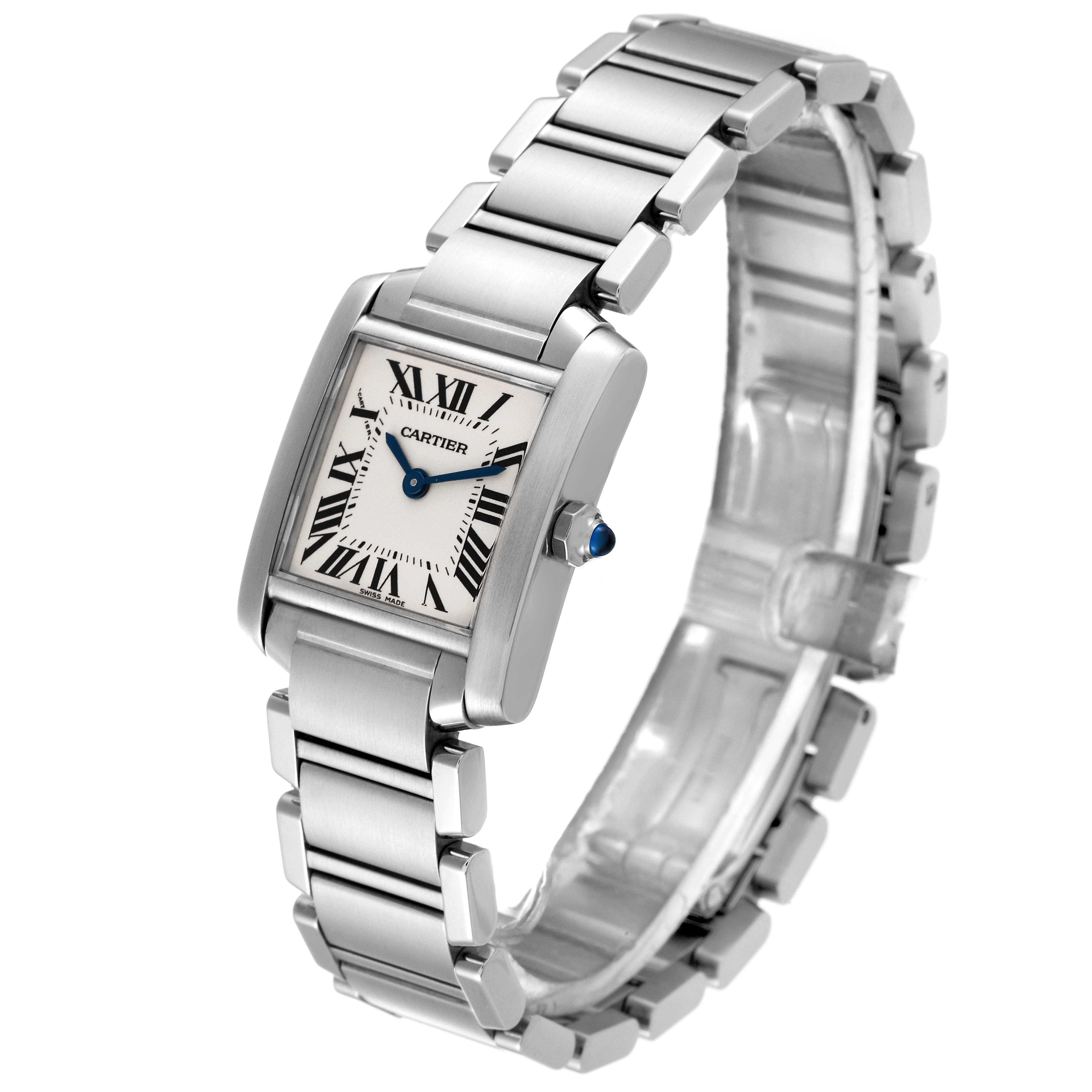 This image shows a Cartier Tank Francaise W51008Q3 Women's Stainless Steel Silver Dial W51008Q3 Women's Stainless Steel Silver Dial watch at an angled view, highlighting its bracelet and rectangular dial with Roman numerals.