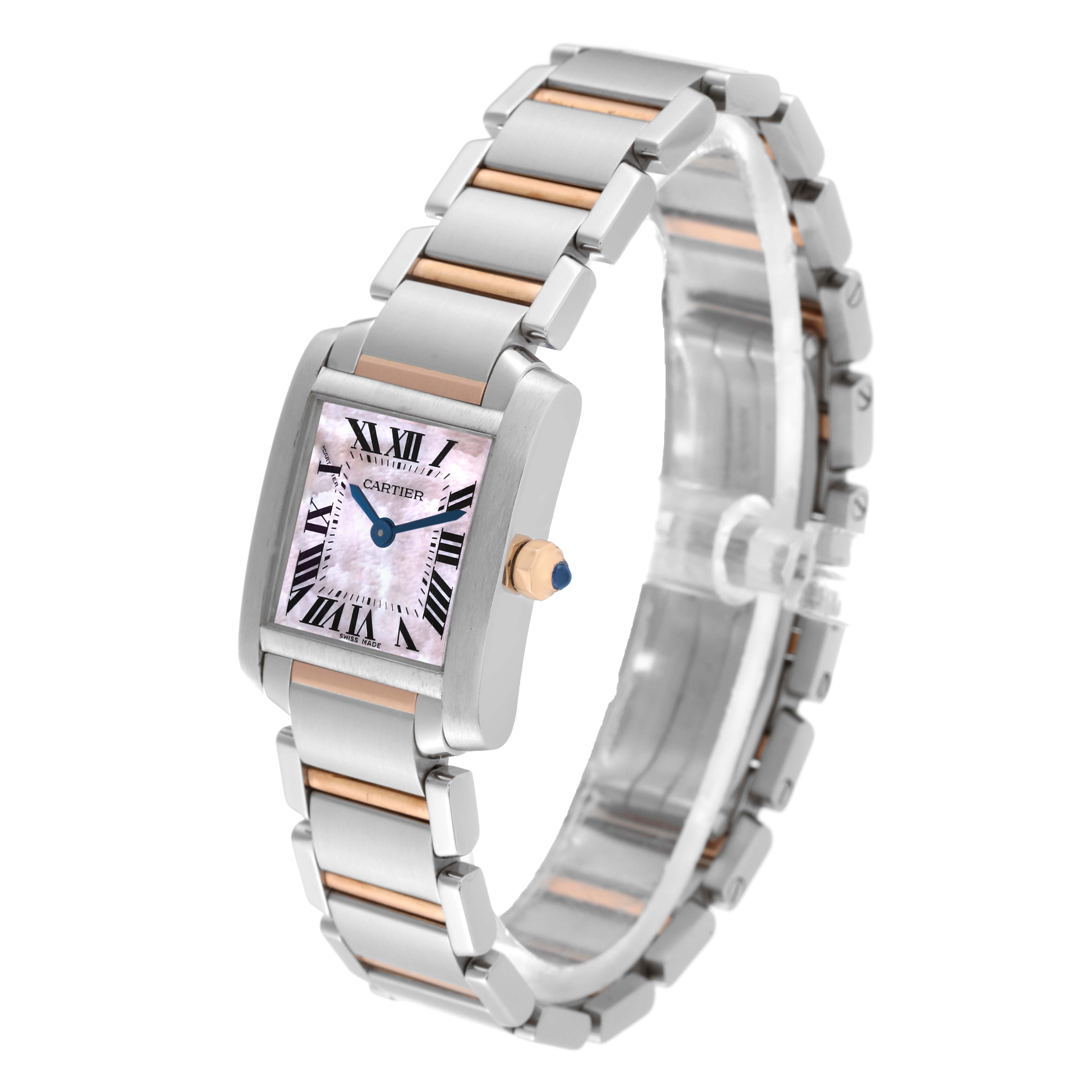 The image shows a Cartier Tank Francaise W51027Q4 Women's Stainless Steel Mother of Pearl Dial W51027Q4 Women's Stainless Steel Mother of Pearl Dial watch from a front angle, highlighting its face, crown, and bimetallic bracelet.