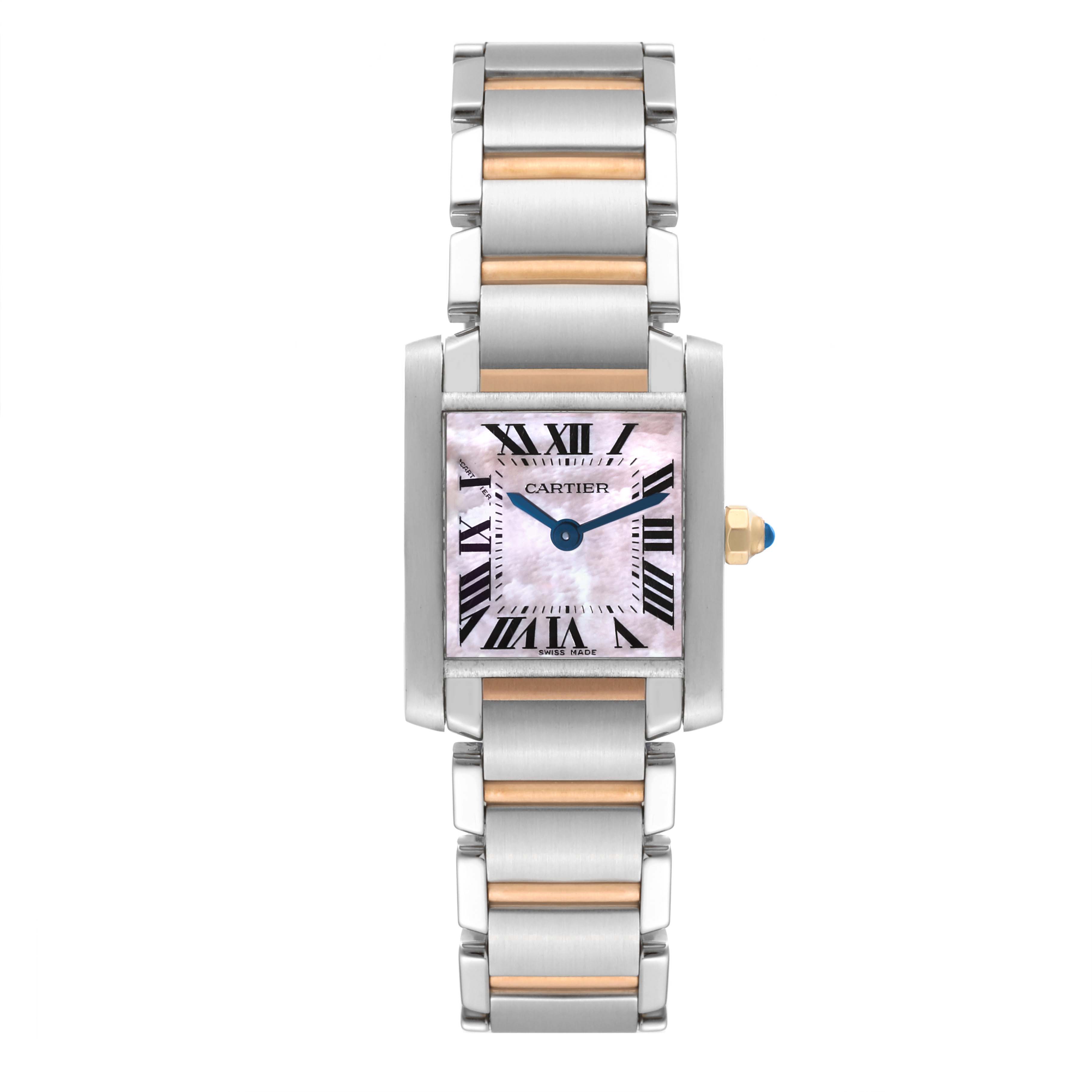 This is an overhead view of a Cartier Tank Francaise W51027Q4 Women's Stainless Steel Mother of Pearl Dial W51027Q4 Women's Stainless Steel Mother of Pearl Dial watch, showing the face, bezel, crown, and bracelet.