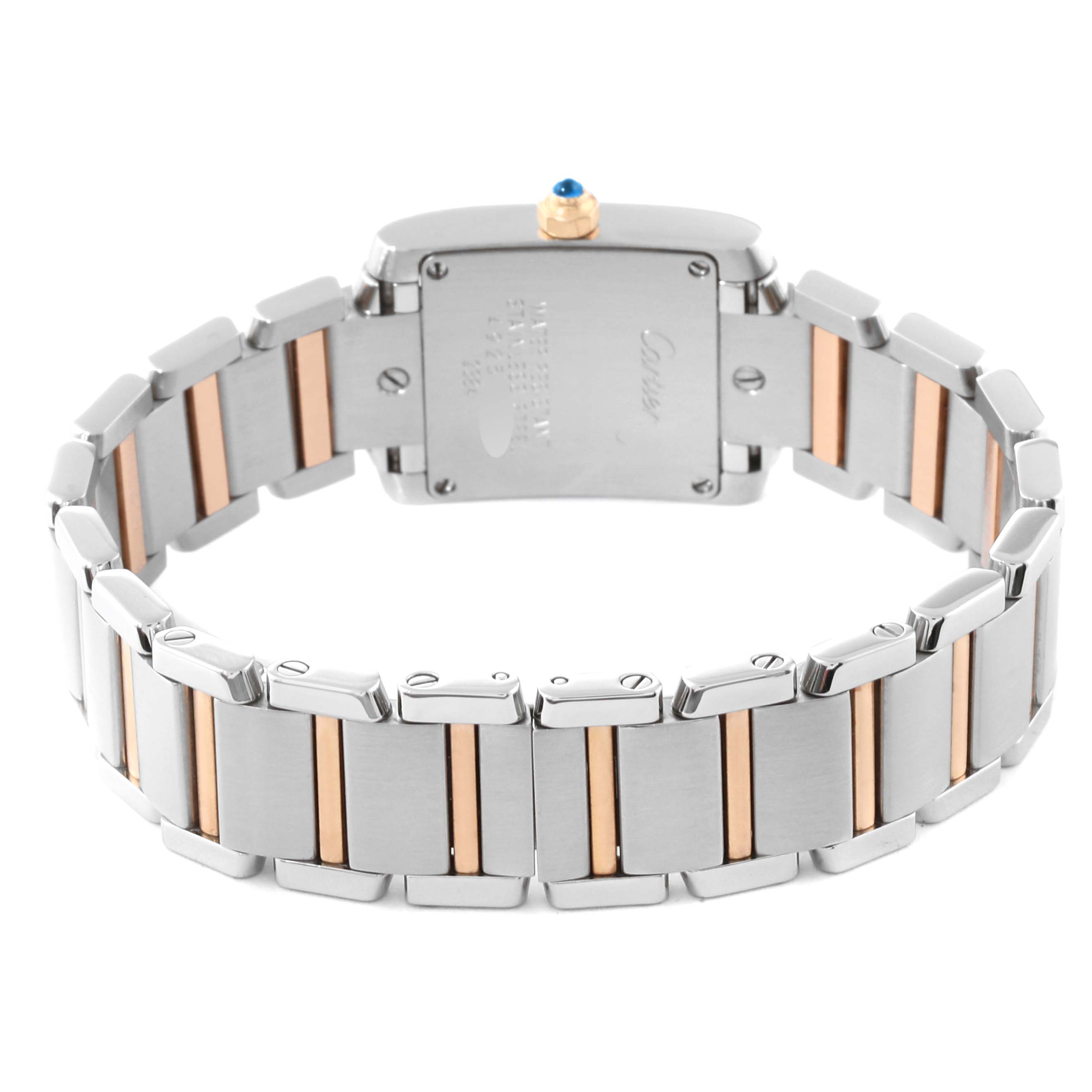 This image shows the back and bracelet of the Cartier Tank Francaise W51027Q4 Women's Stainless Steel Mother of Pearl Dial W51027Q4 Women's Stainless Steel Mother of Pearl Dial watch in a two-tone metal finish.