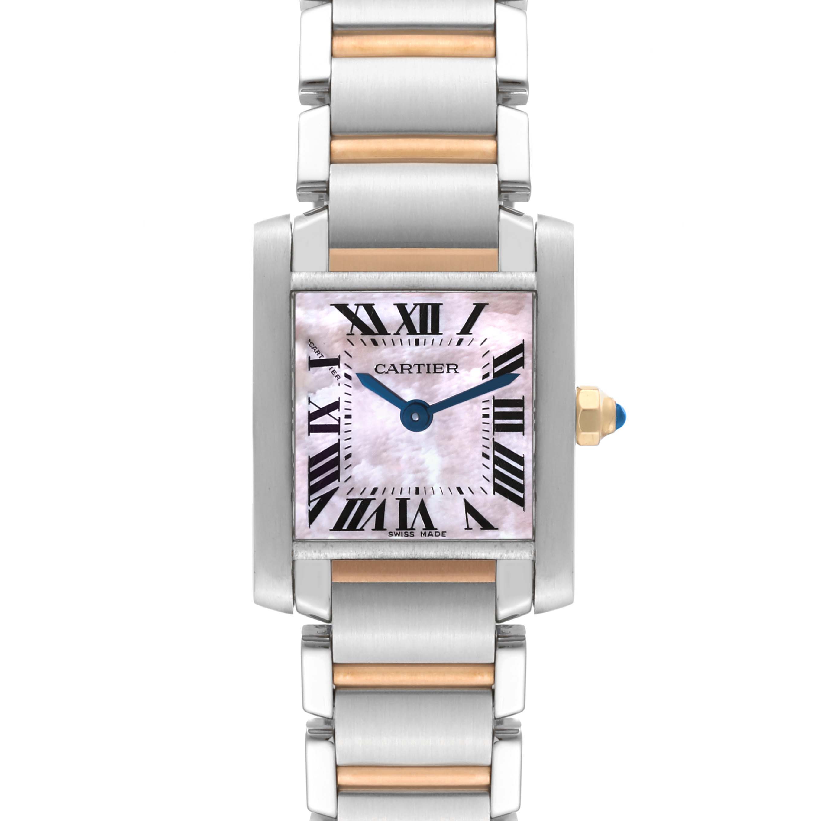 The image shows a front view of the Cartier Tank Française watch, displaying its rectangular face, Roman numerals, and metal bracelet.