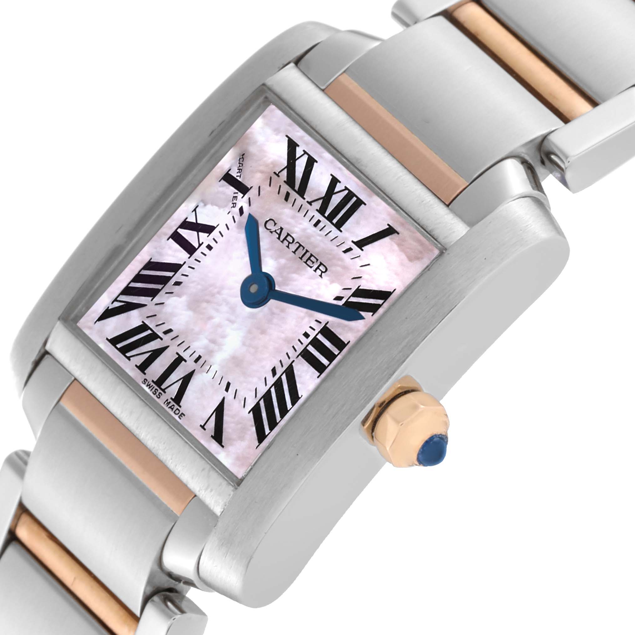 The image shows a close-up of the Cartier Tank Francaise W51027Q4 Women's Stainless Steel Mother of Pearl Dial W51027Q4 Women's Stainless Steel Mother of Pearl Dial watch, highlighting its face, dial, crown, and bracelet.