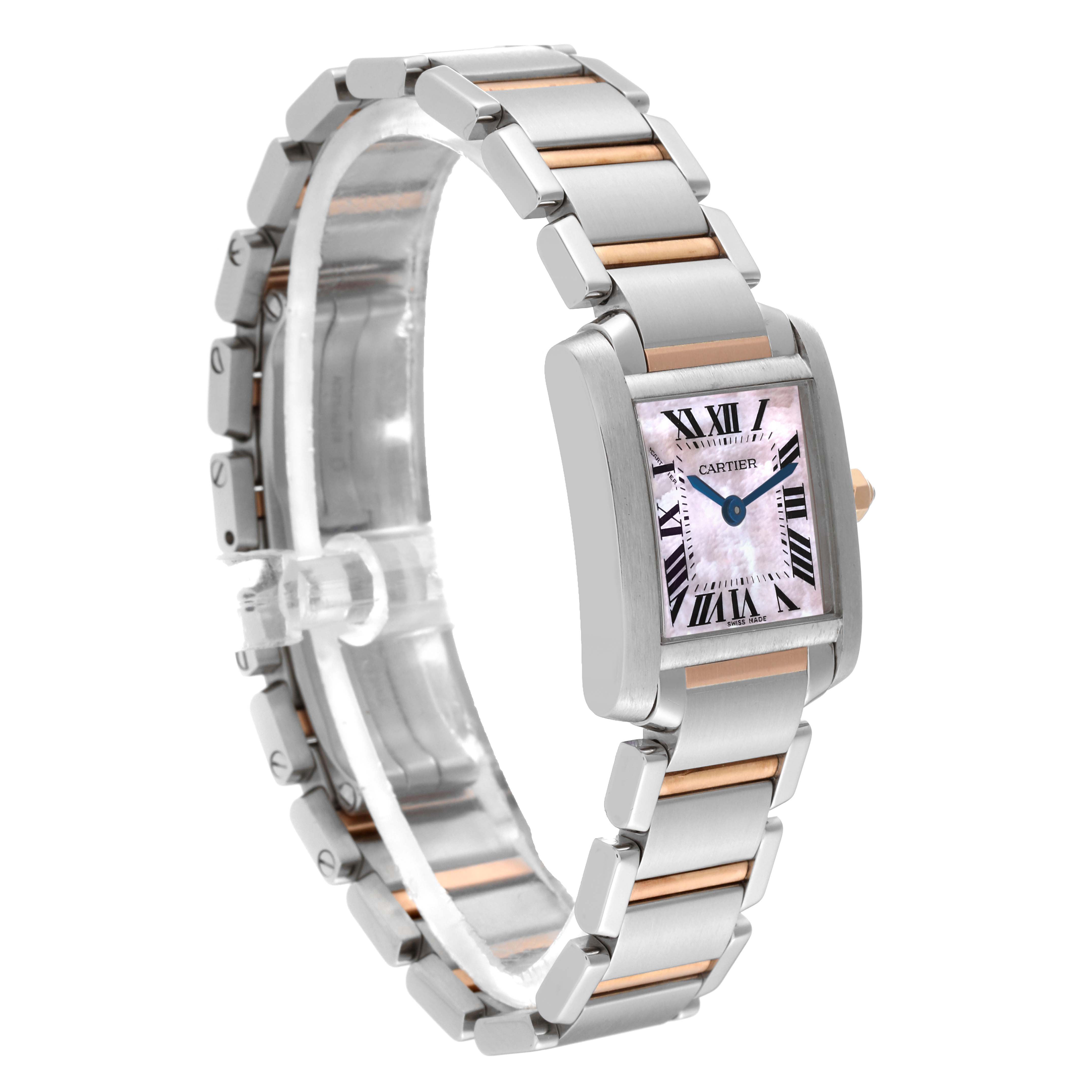 The photo shows a side view of the Cartier Tank Francaise W51027Q4 Women's Stainless Steel Mother of Pearl Dial W51027Q4 Women's Stainless Steel Mother of Pearl Dial watch, featuring its bracelet and rectangular dial.