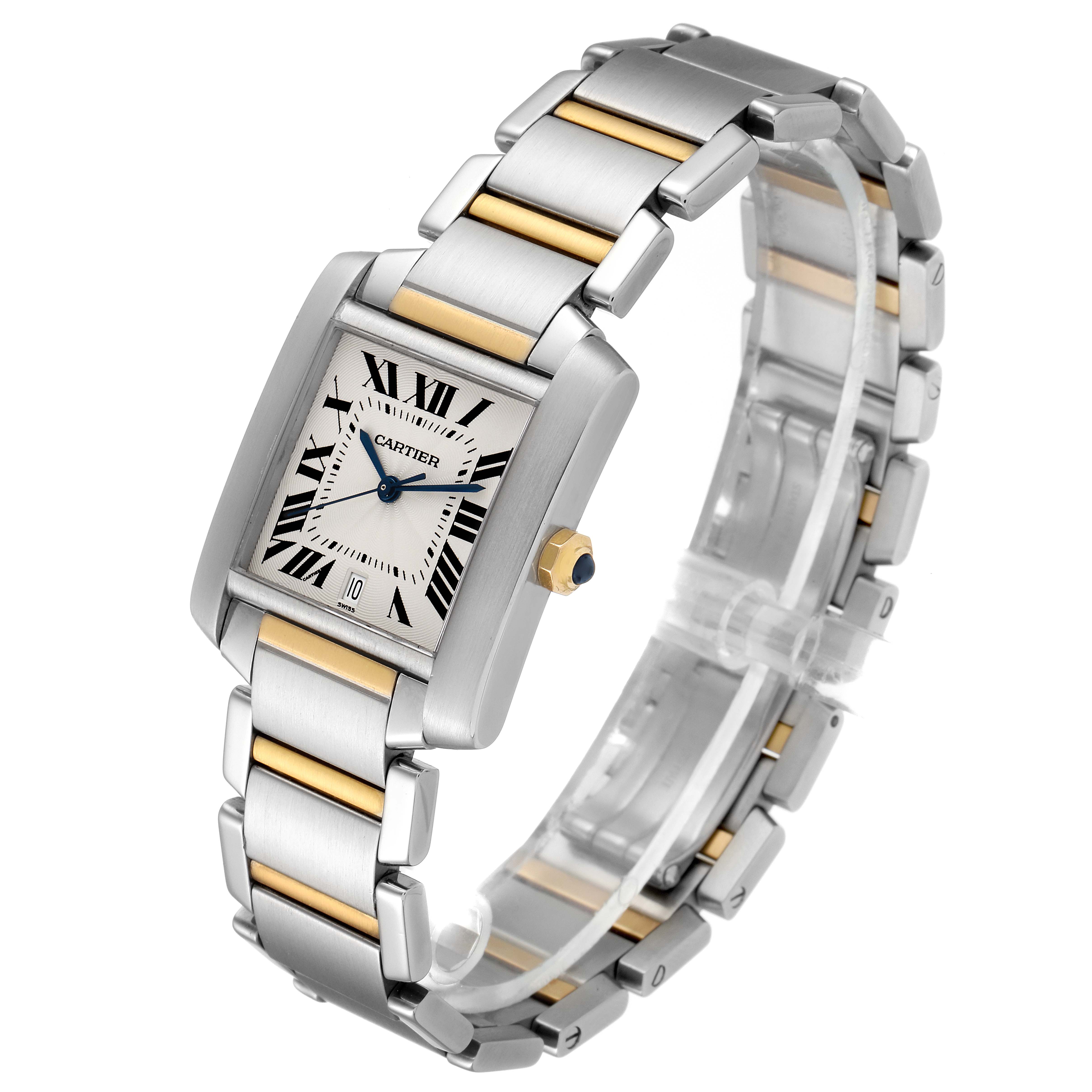 This image shows a Cartier Tank Francaise W51005Q4 Men's Steel and Gold (two tone) Silver Dial W51005Q4 Men's Steel and Gold (two tone) Silver Dial watch at a three-quarter angle, highlighting its face, bracelet, and crown.