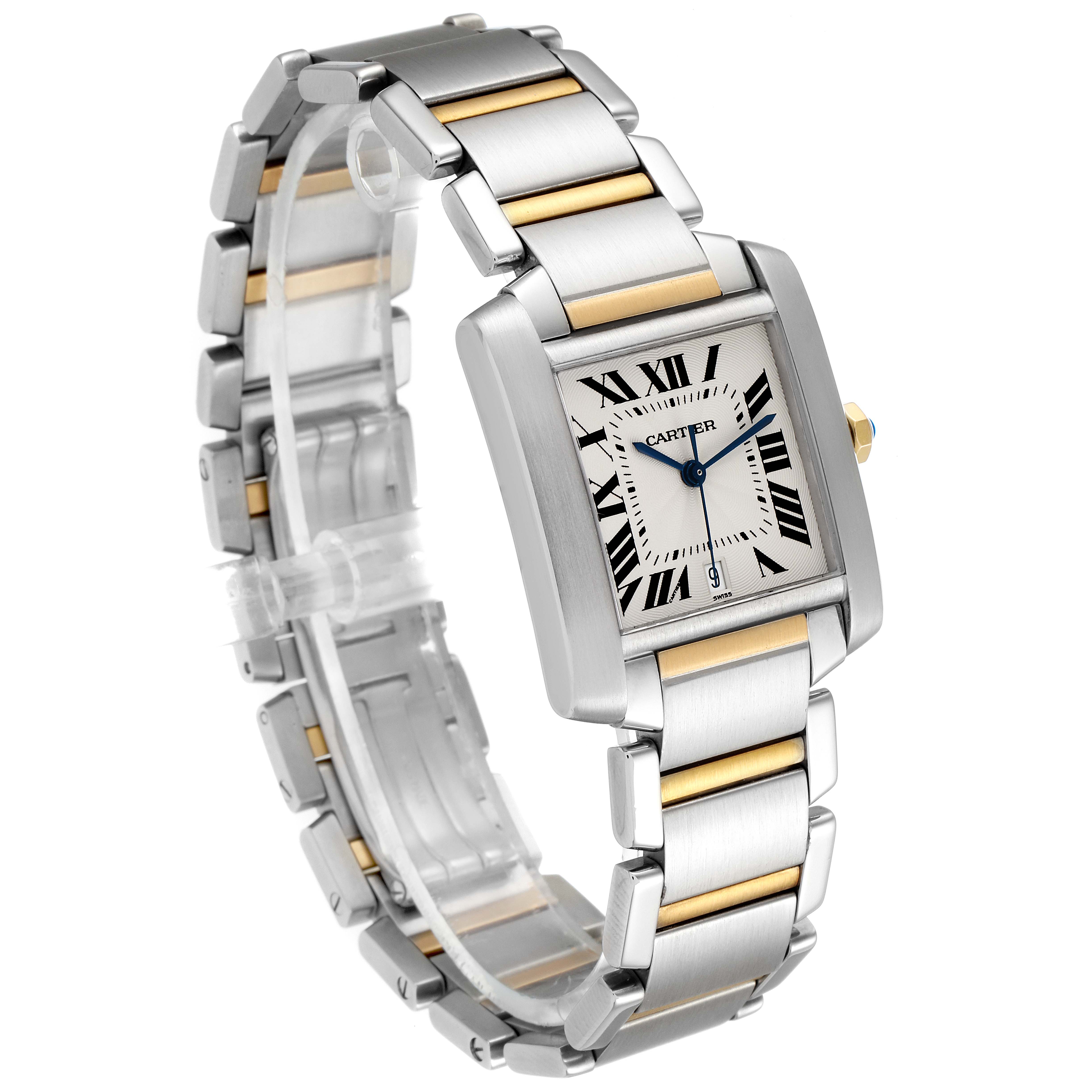 This is a side angle view of a Cartier Tank Francaise W51005Q4 Men's Steel and Gold (two tone) Silver Dial W51005Q4 Men's Steel and Gold (two tone) Silver Dial watch, showing the face and metal bracelet with gold accents.