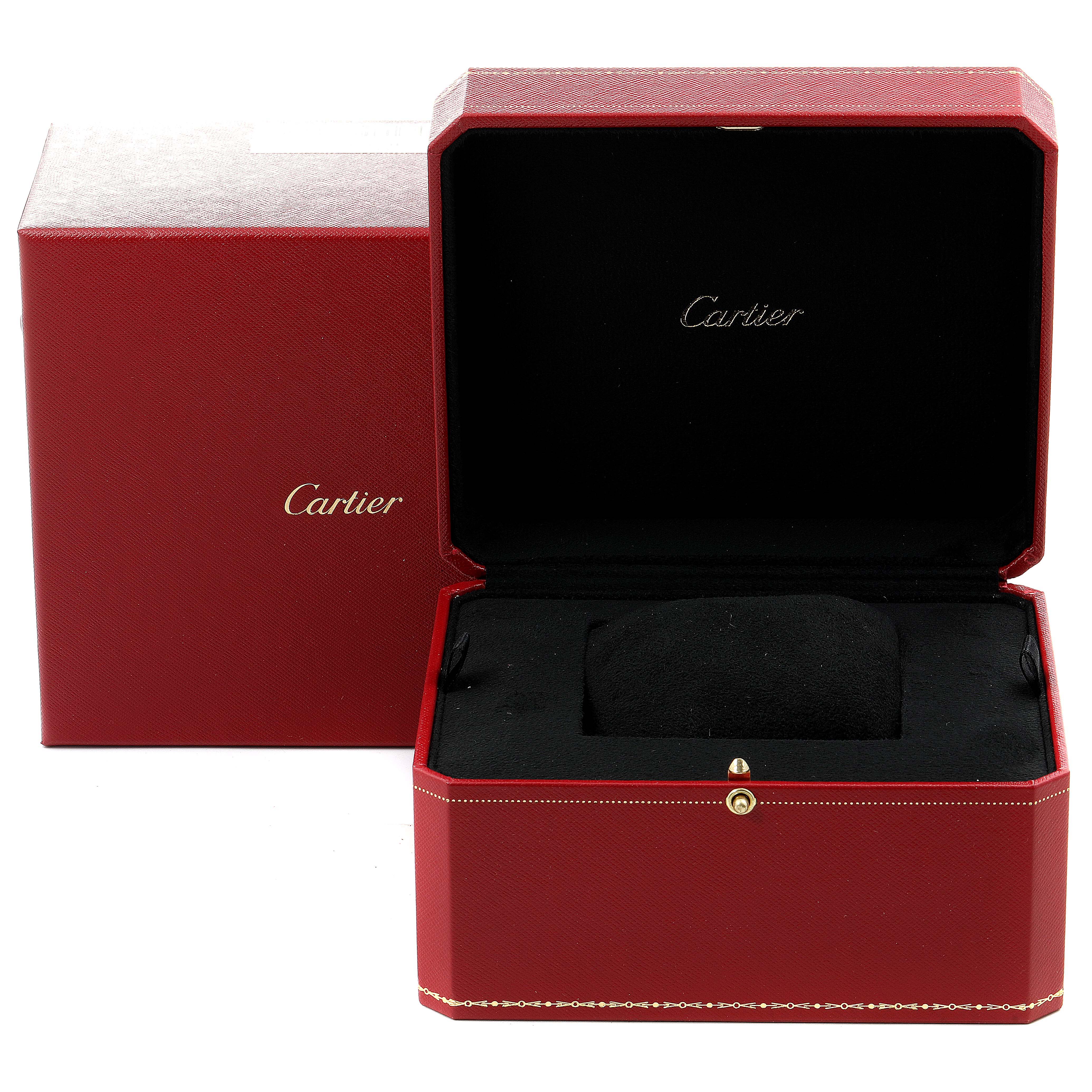 This image shows the Cartier Tank Française's red, open watch box with a black interior, positioned at a front angle.