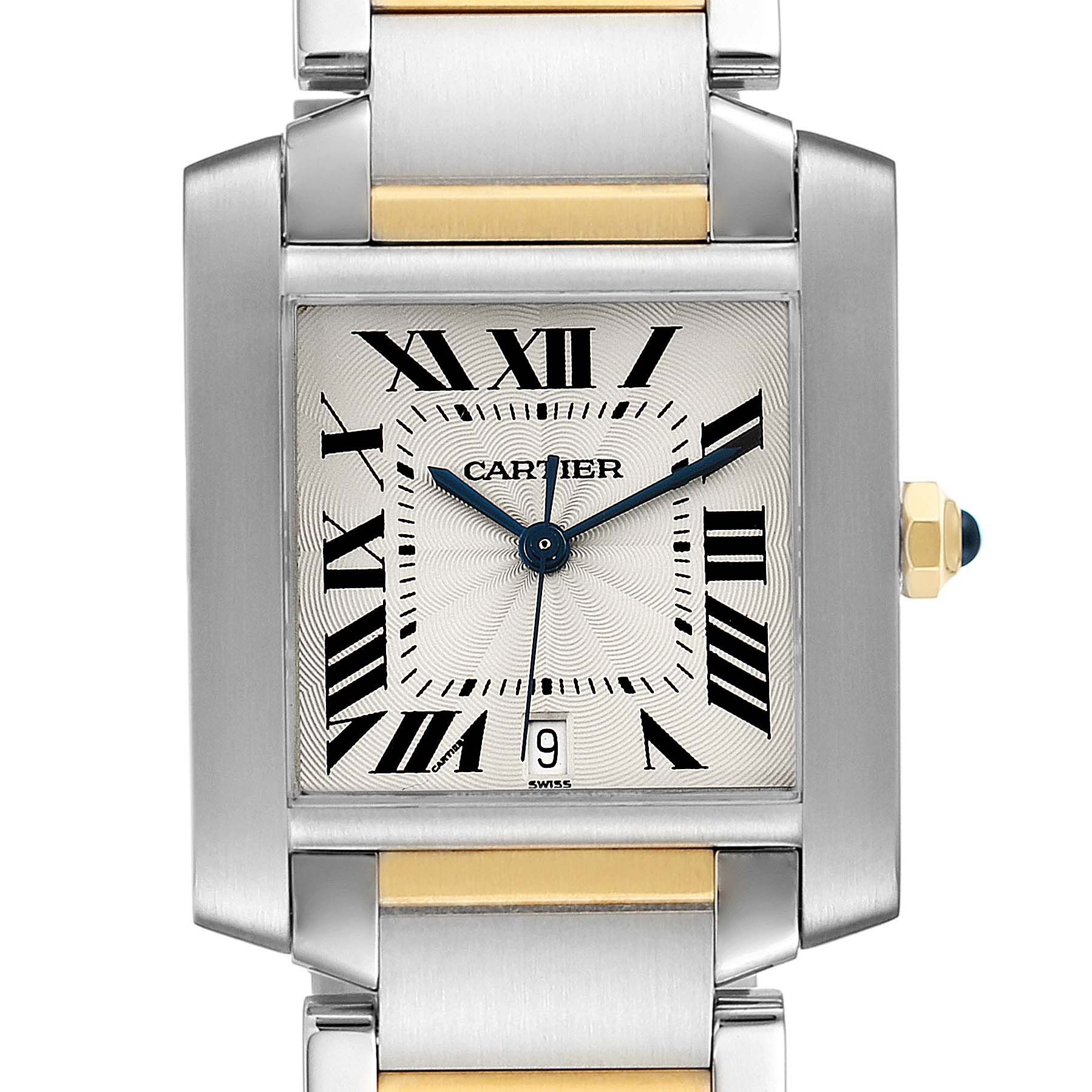 The image shows a front view of a Cartier Tank Francaise W51005Q4 Men's Steel and Gold (two tone) Silver Dial W51005Q4 Men's Steel and Gold (two tone) Silver Dial watch, highlighting its dial, bracelet, and crown.