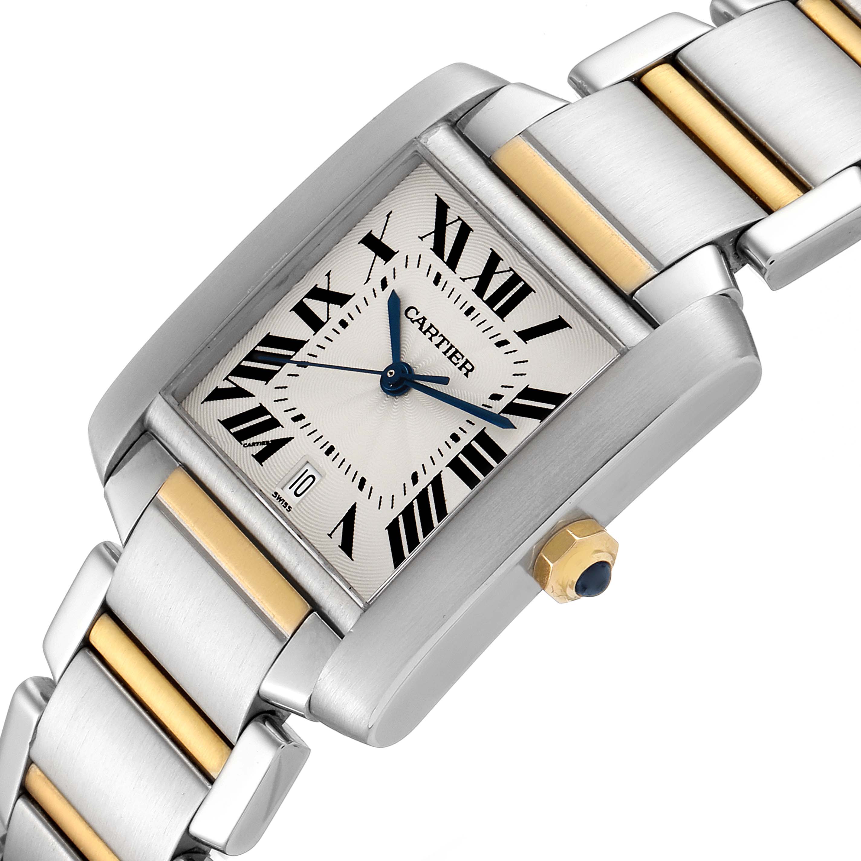 The image shows a close-up angle of the Cartier Tank Française watch, highlighting the dial, crown, and two-tone bracelet.