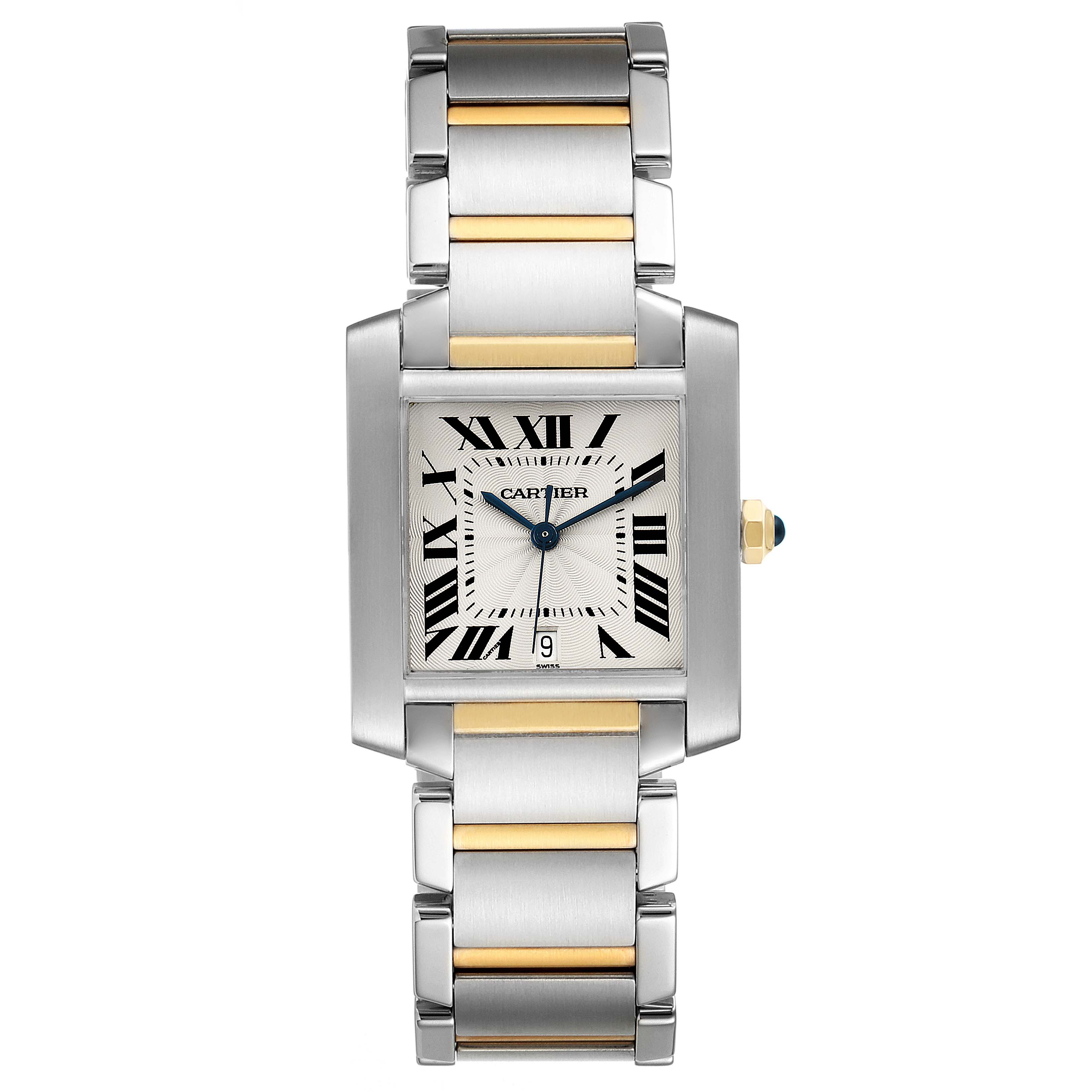 The image shows a frontal view of the Cartier Tank Francaise W51005Q4 Men's Steel and Gold (two tone) Silver Dial W51005Q4 Men's Steel and Gold (two tone) Silver Dial watch, highlighting its rectangular face, Roman numeral dial, and two-tone bracelet.