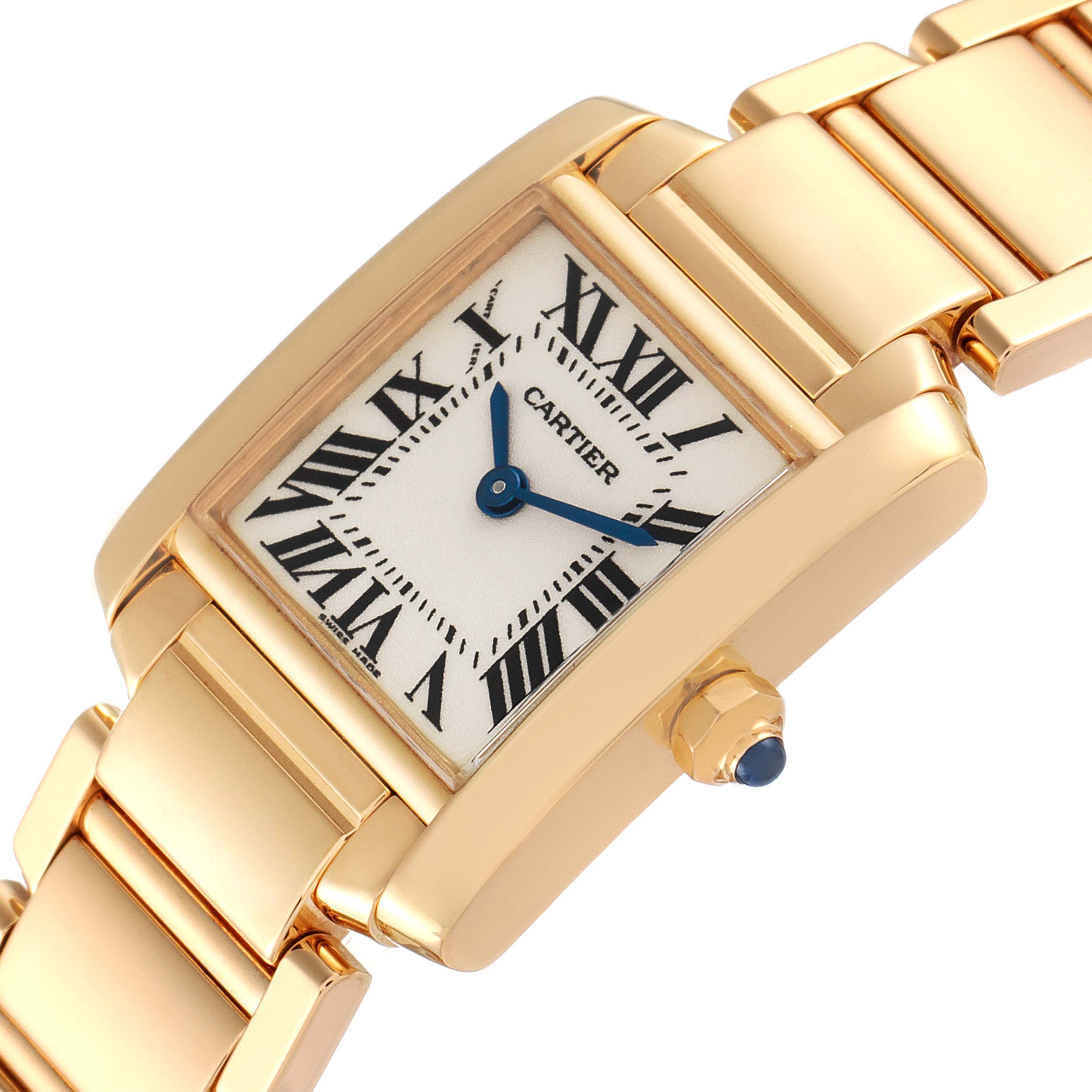 This image shows a close-up of the Cartier Tank Française watch featuring its face, crown, and part of the bracelet.