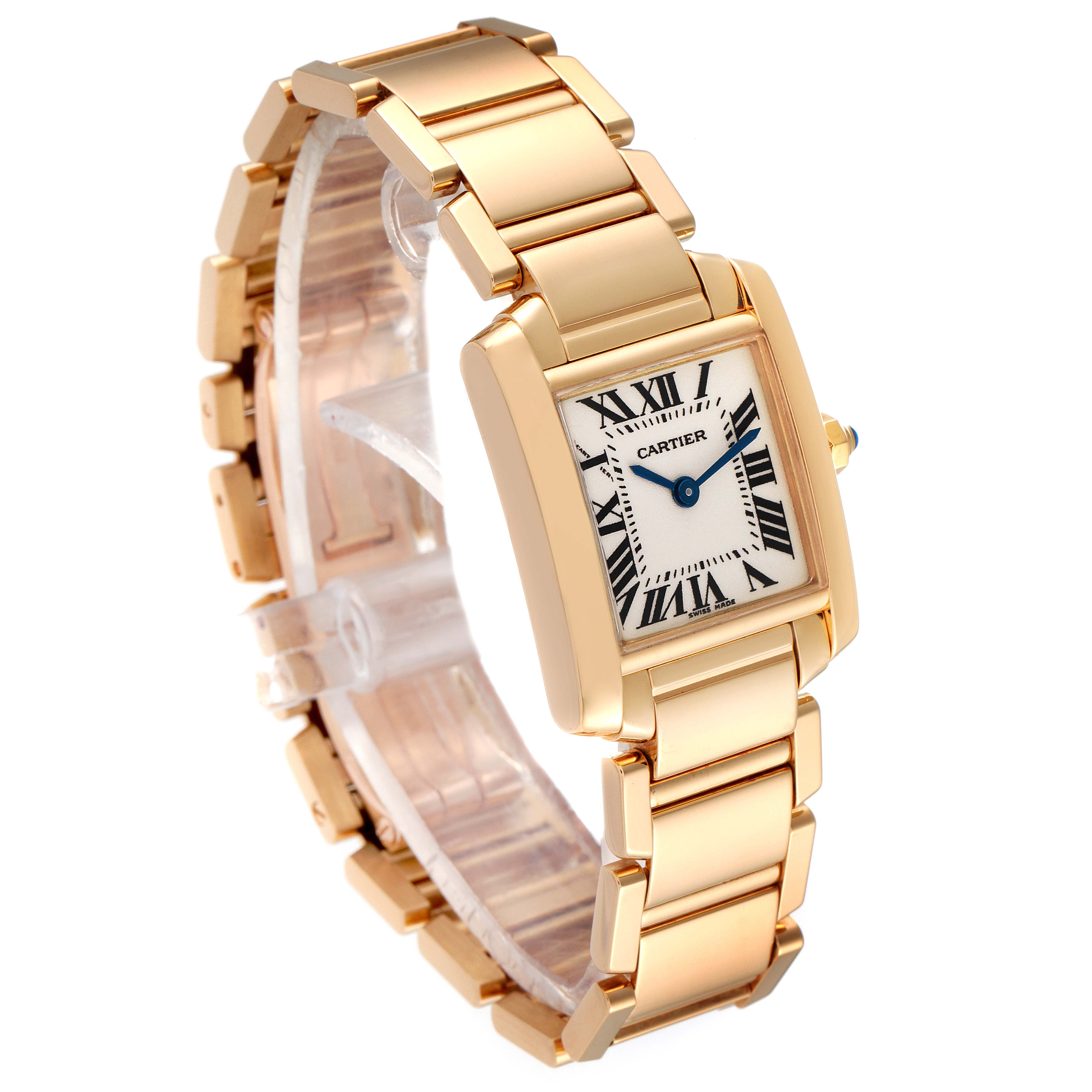 The Cartier Tank Francaise W50002N2 Women's Yellow Gold Silver Dial W50002N2 Women's Yellow Gold Silver Dial watch is shown at an angle displaying the gold bracelet, rectangular face, Roman numerals, and blue hands.