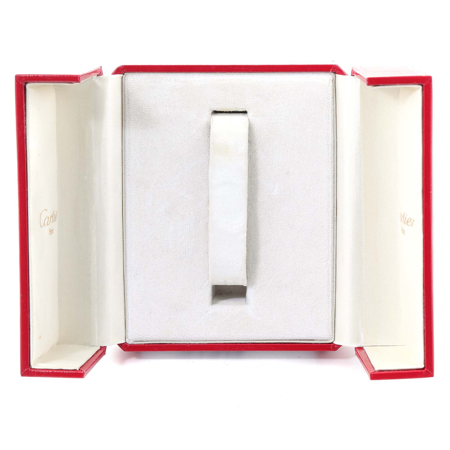 The image shows an open red display box for a Cartier Tank Francaise W50002N2 Women's Yellow Gold Silver Dial W50002N2 Women's Yellow Gold Silver Dial watch, featuring a padded interior holder.