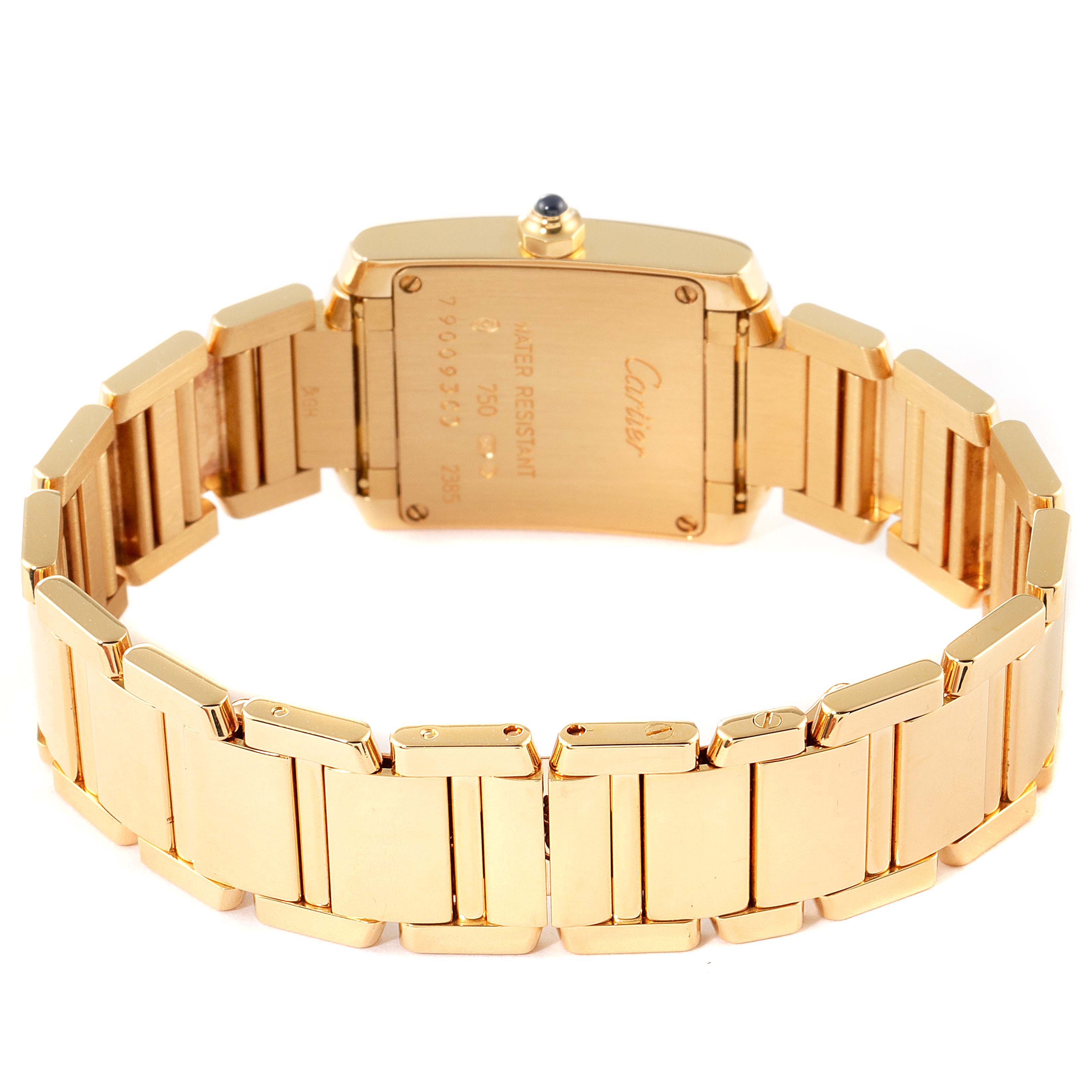 This image shows the back view of a Cartier Tank Française watch, highlighting its gold case and bracelet.