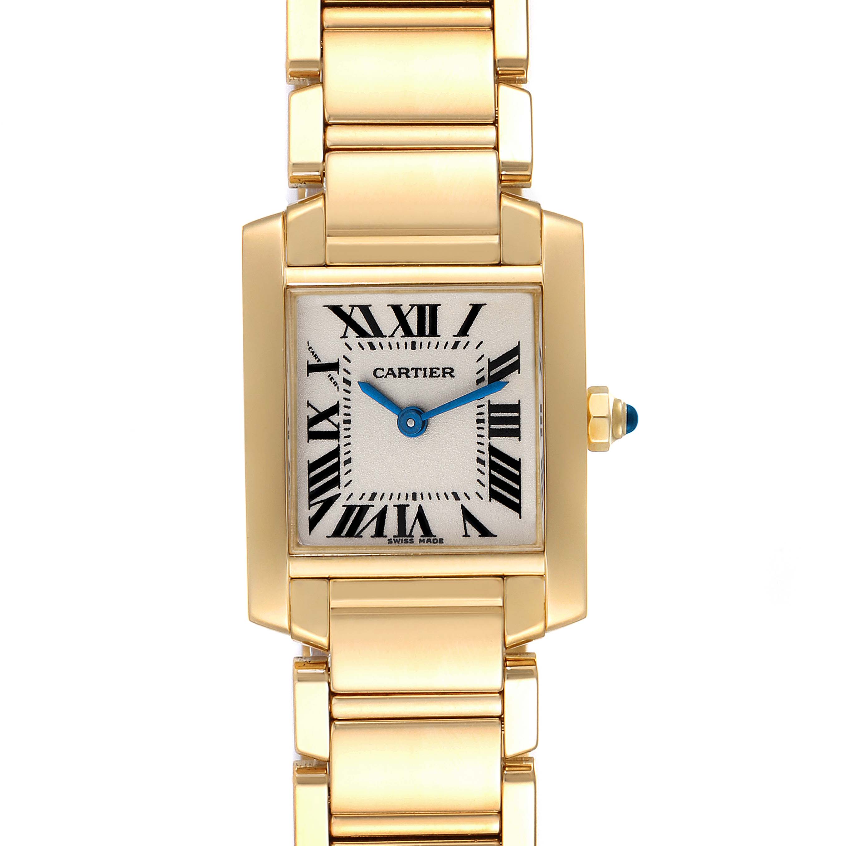 The image shows a front view of the Cartier Tank Francaise W50002N2 Women's Yellow Gold Silver Dial W50002N2 Women's Yellow Gold Silver Dial watch, highlighting its gold casing, white dial with Roman numerals, and linked bracelet.