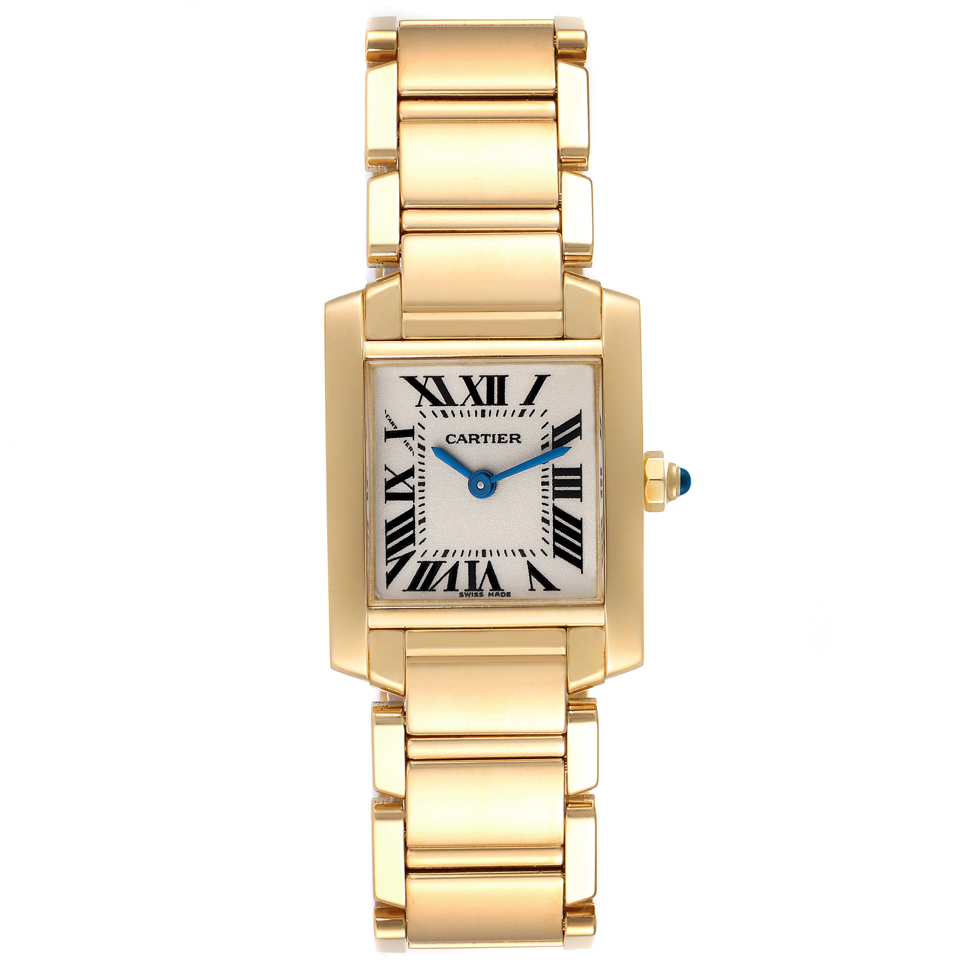 This image shows a top-down view of a Cartier Tank Francaise W50002N2 Women's Yellow Gold Silver Dial W50002N2 Women's Yellow Gold Silver Dial watch with a gold band and Roman numeral dial.