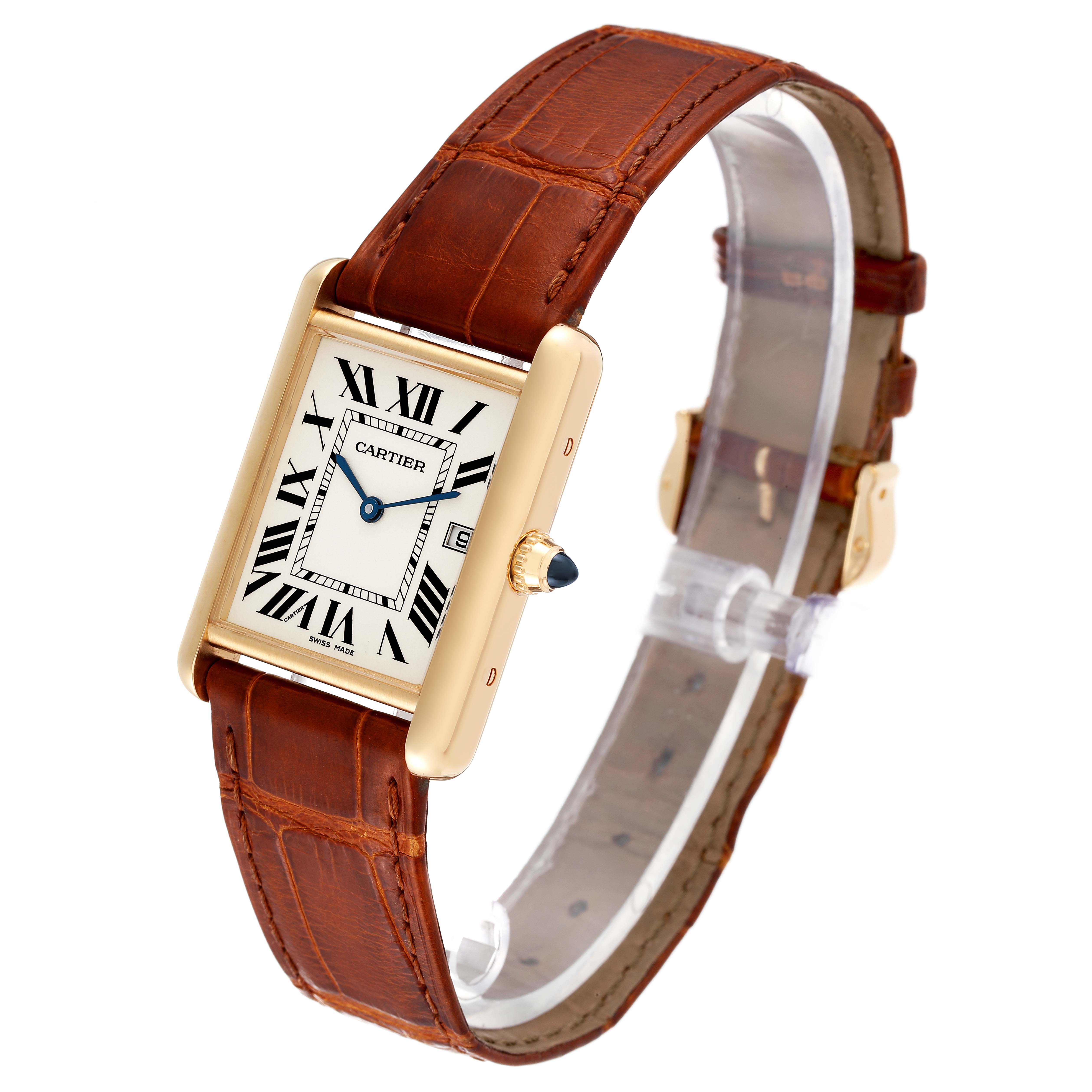 The Tank Louis model by Cartier is shown at a tilted angle, highlighting the face, crown, and leather strap.