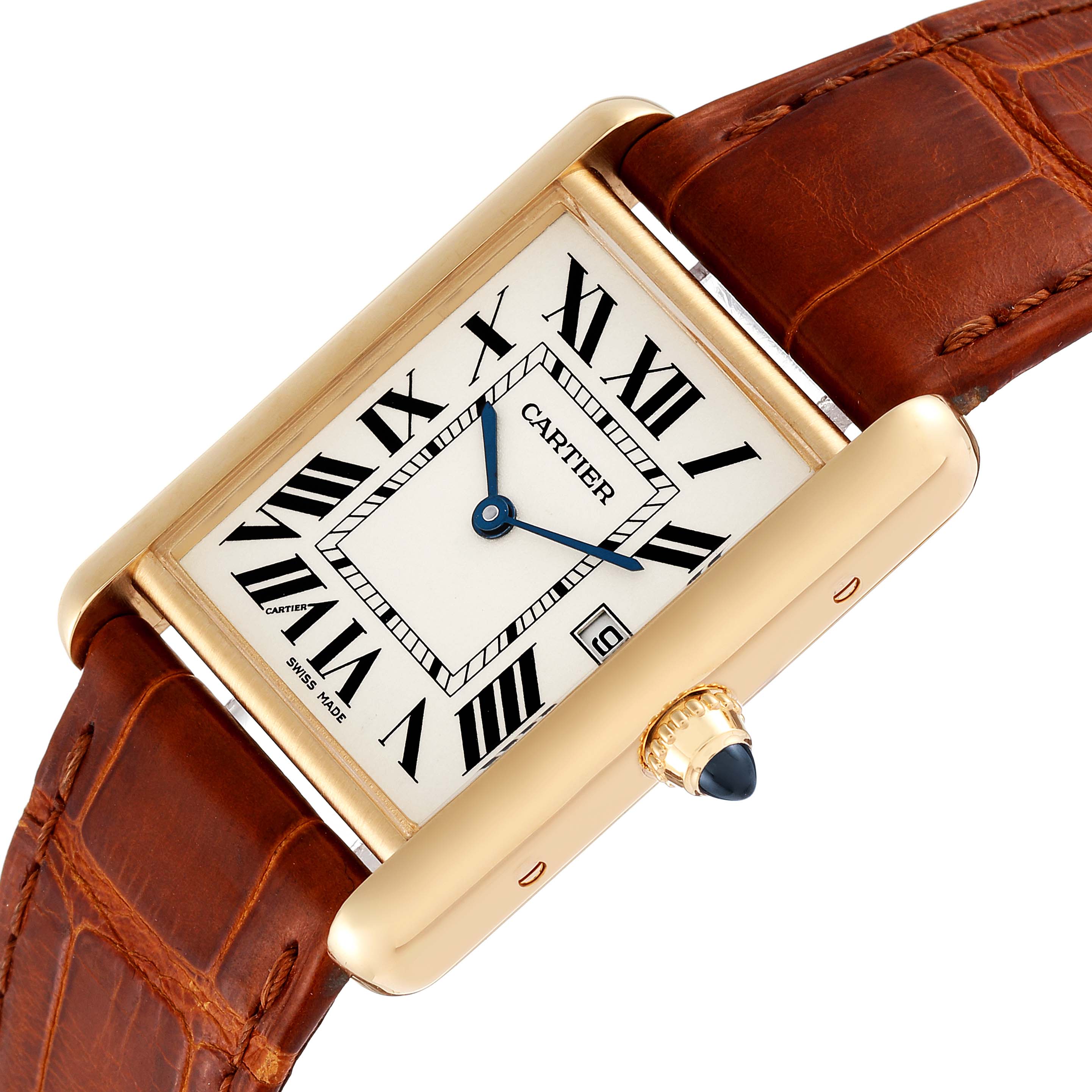 The Cartier Tank Louis W1529756 Men
s Yellow Gold Silver Dial W1529756 Men
s Yellow Gold Silver Dial model watch is shown at an angle displaying its rectangular face, Roman numerals, leather strap, and crown.