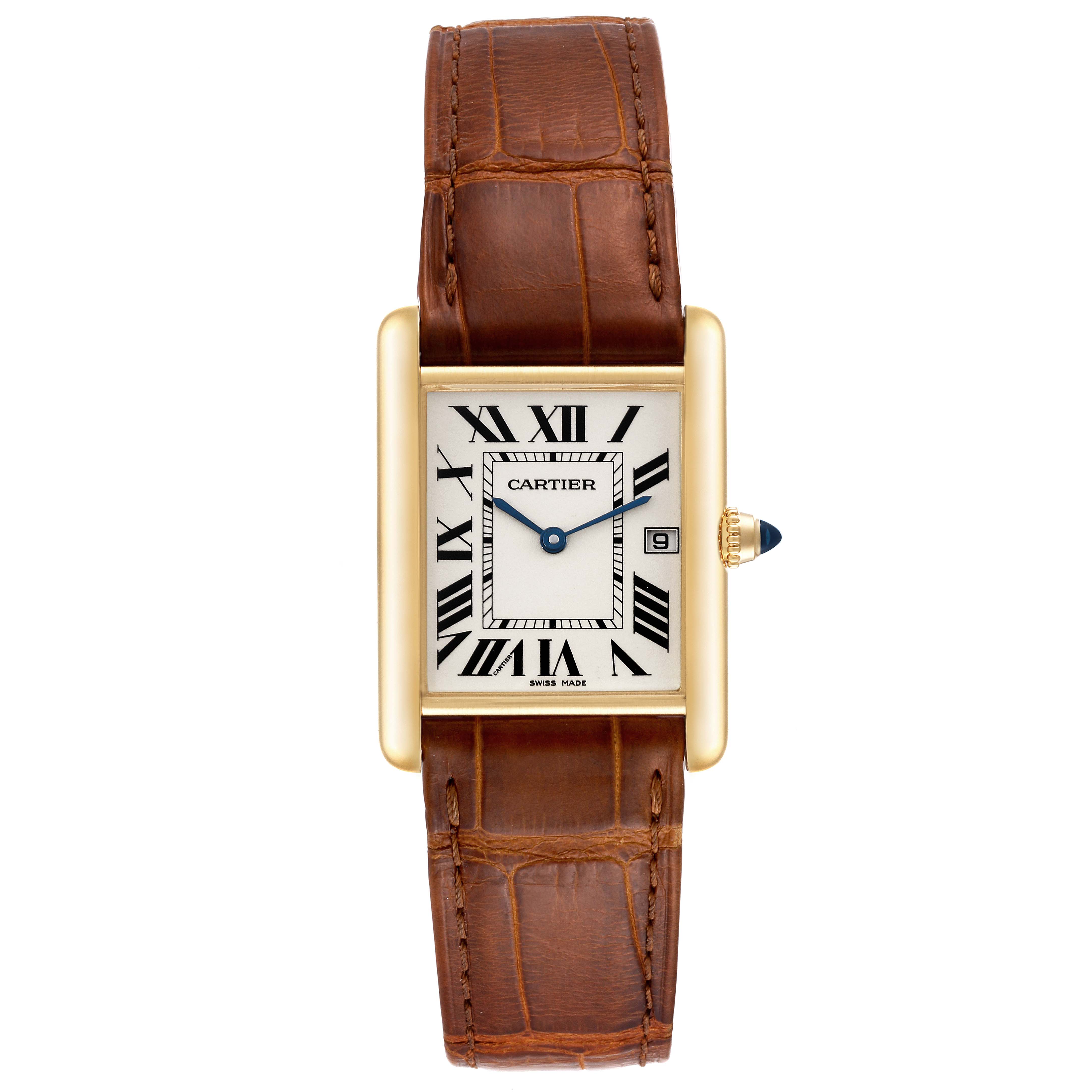 The image shows a front view of a Cartier Tank Louis W1529756 Men
s Yellow Gold Silver Dial W1529756 Men
s Yellow Gold Silver Dial watch, highlighting its rectangular face, Roman numerals, and brown leather strap.