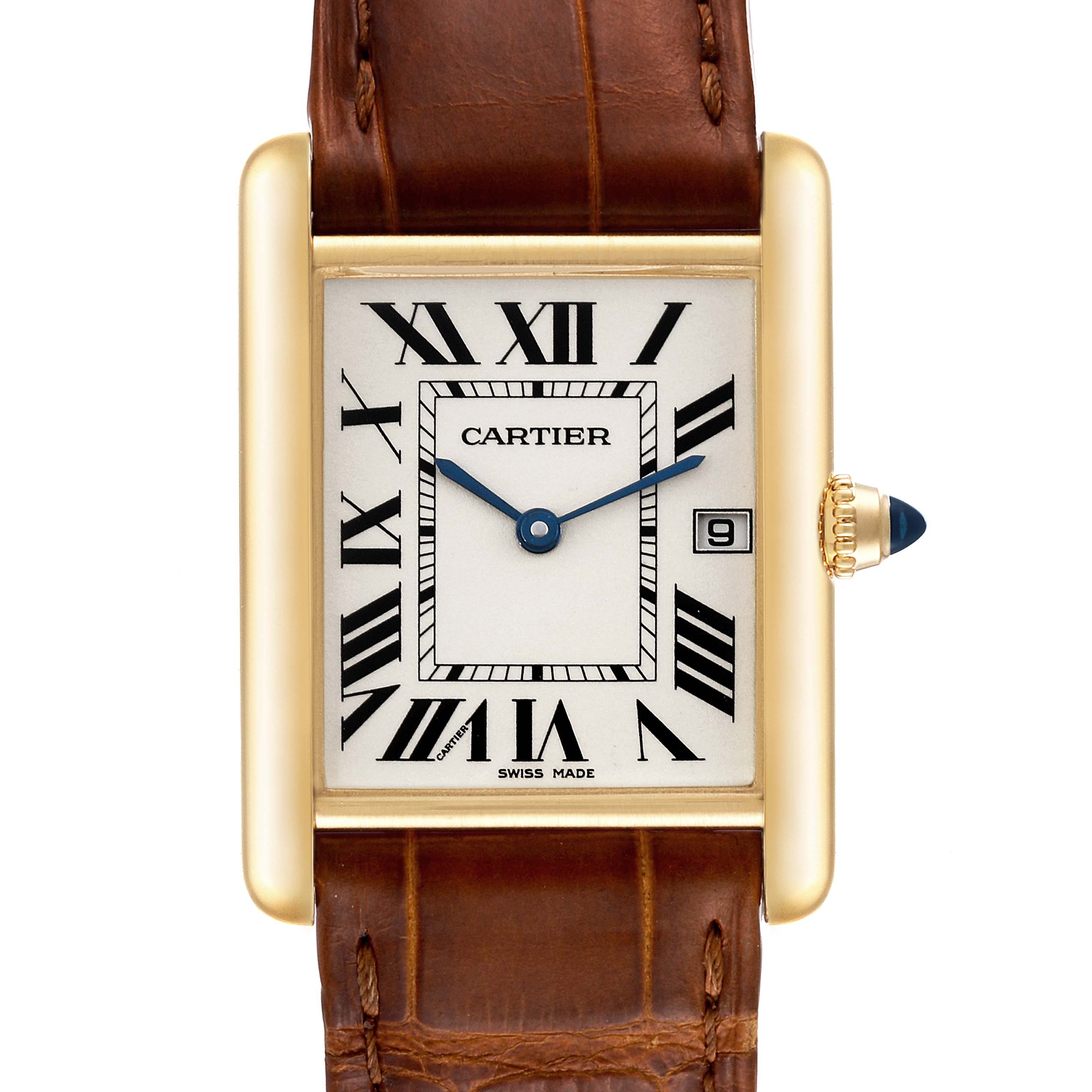 The image shows a front view of the Cartier Tank Louis W1529756 Men
s Yellow Gold Silver Dial W1529756 Men
s Yellow Gold Silver Dial watch, featuring its rectangular dial, gold case, and brown leather strap.