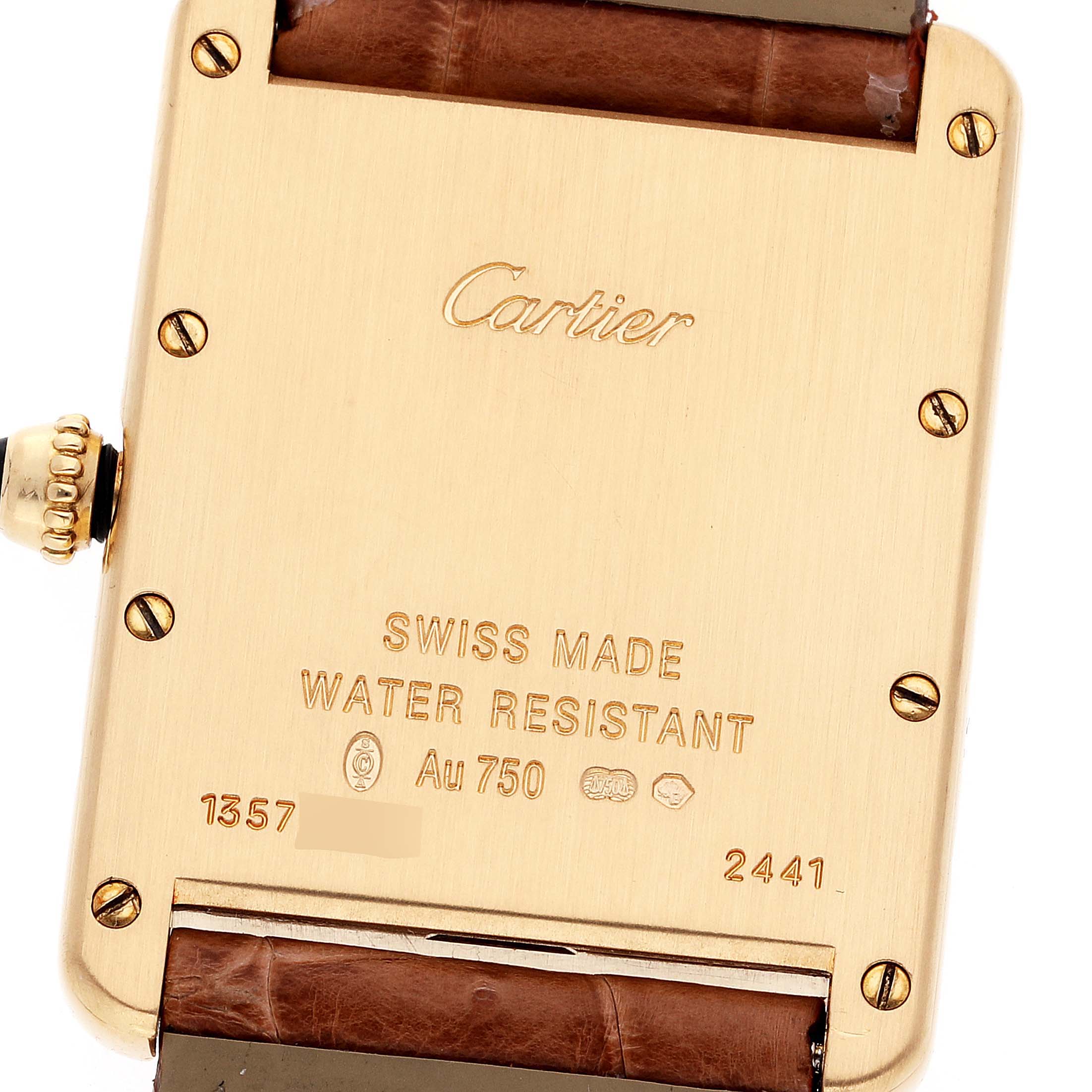 This is the back view of a Tank Louis watch by Cartier, showing the case's markings and leather strap.