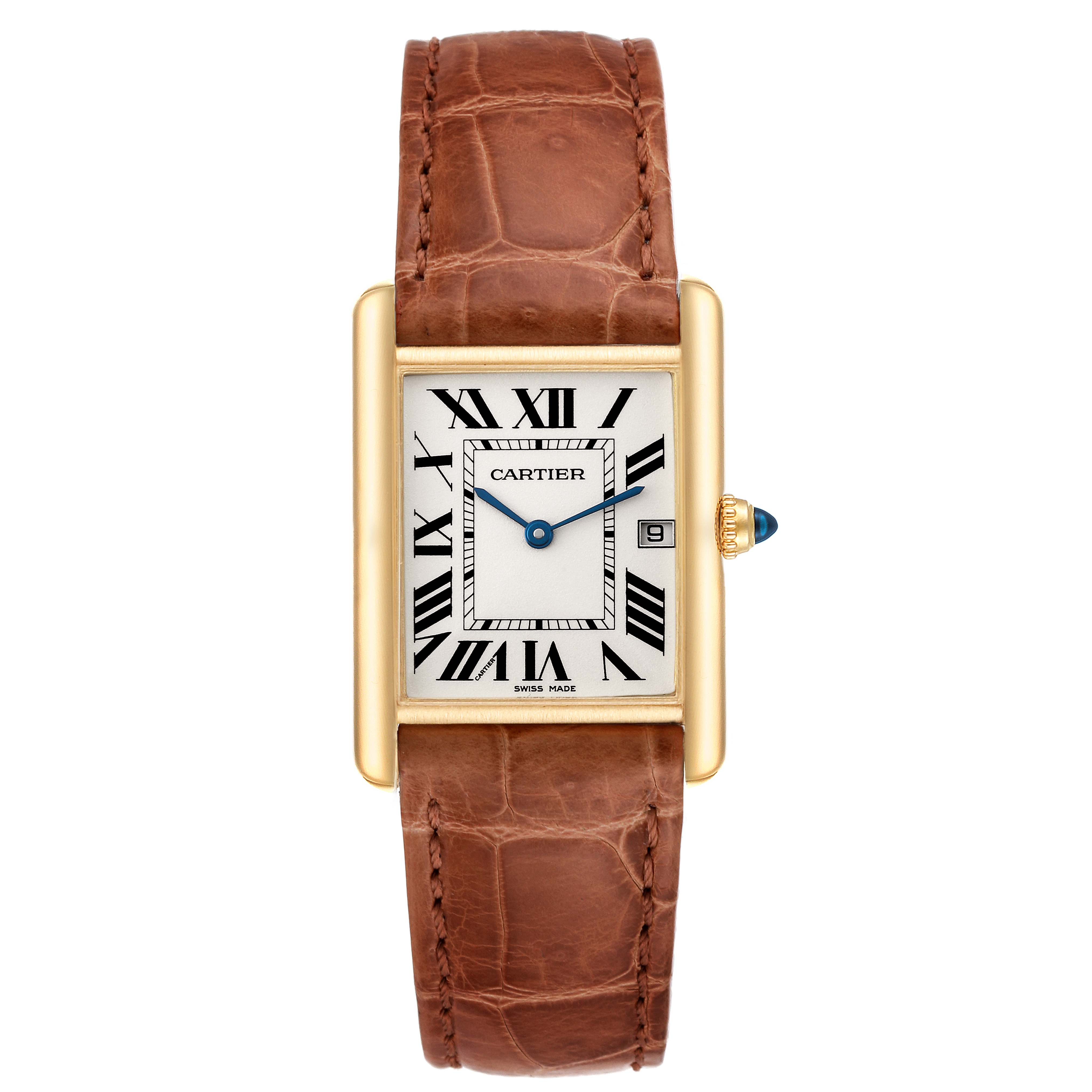 The image shows a front view of the Cartier Tank Louis W1529756 Men's Yellow Gold Silver Dial W1529756 Men's Yellow Gold Silver Dial watch, featuring a rectangular gold case, brown leather strap, and roman numeral dial.