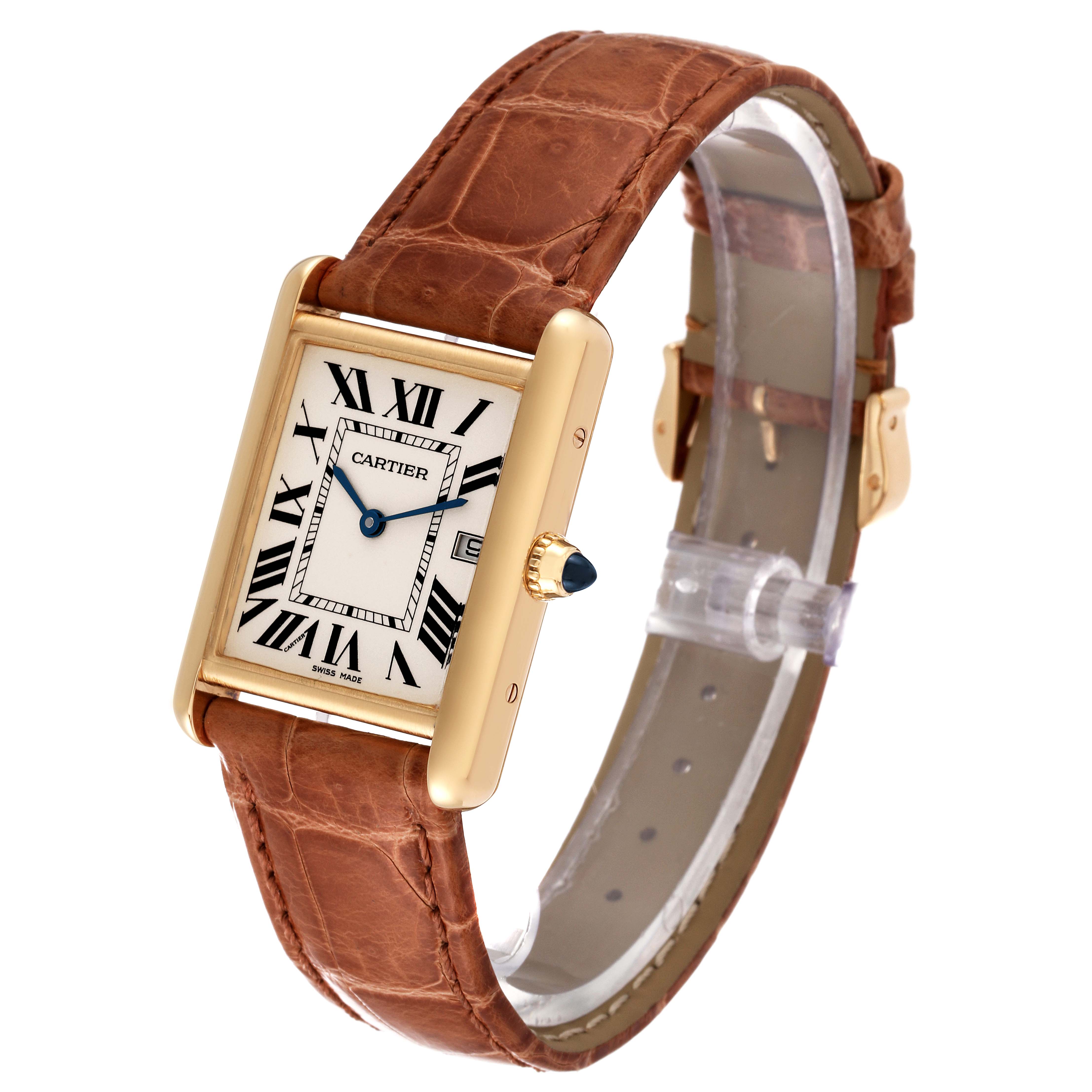 The image shows the Cartier Tank Louis W1529756 Men's Yellow Gold Silver Dial W1529756 Men's Yellow Gold Silver Dial watch at an upper three-quarter angle, highlighting its face, leather strap, and crown.