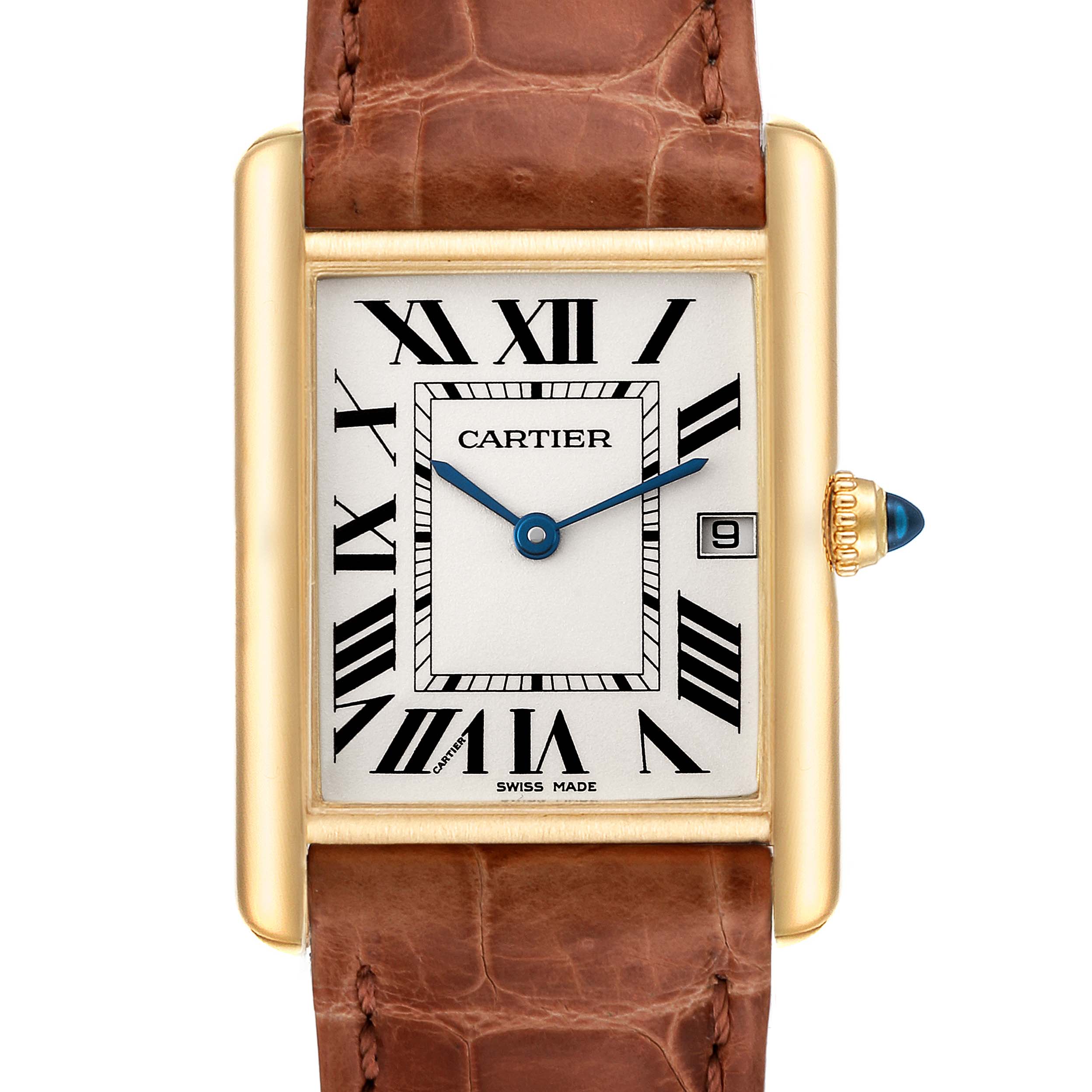 This image shows a frontal view of the Cartier Tank Louis W1529756 Men's Yellow Gold Silver Dial W1529756 Men's Yellow Gold Silver Dial watch, including the watch face, bezel, crown, and strap.