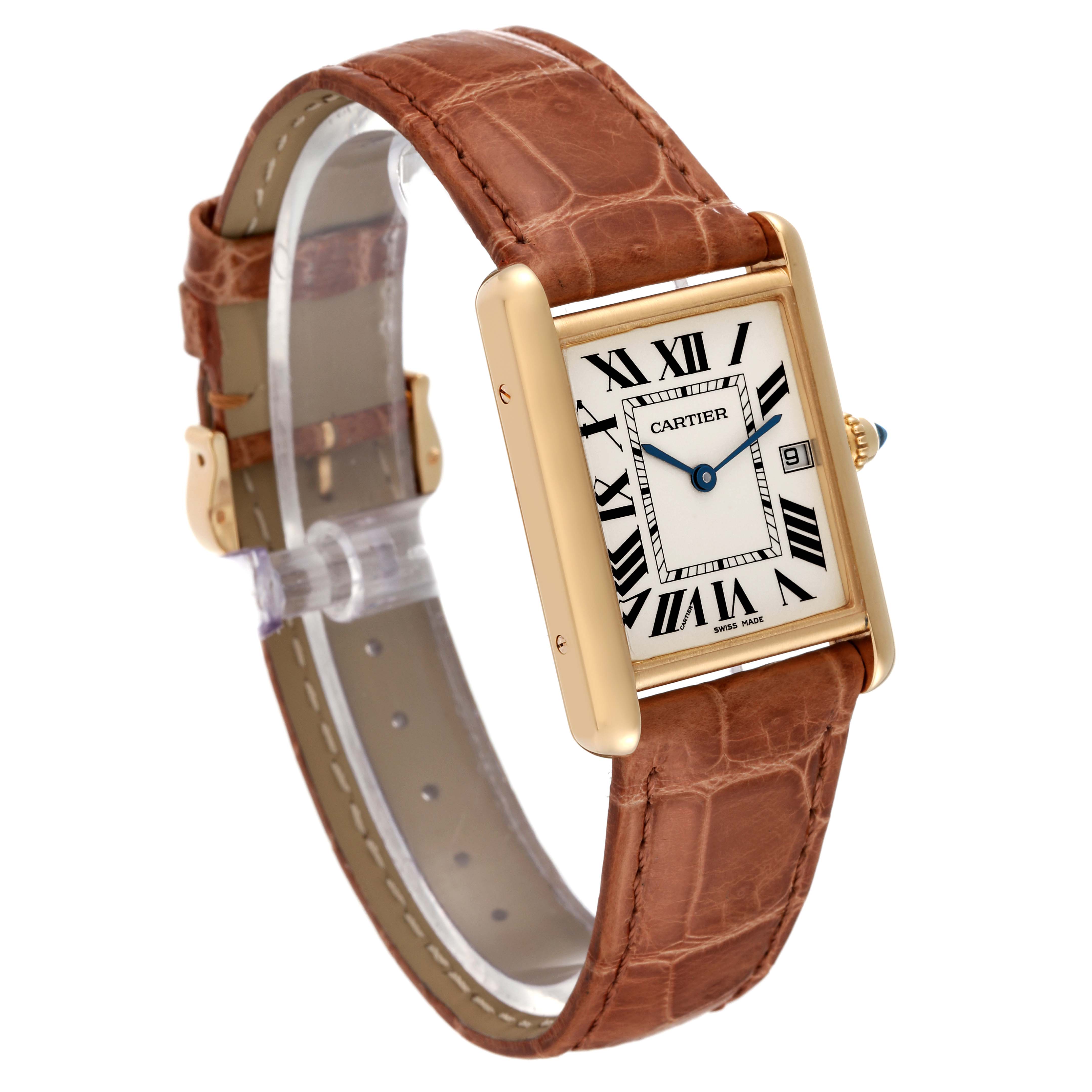 The image shows a Cartier Tank Louis W1529756 Men's Yellow Gold Silver Dial W1529756 Men's Yellow Gold Silver Dial watch at a slight angle, highlighting its rectangular face, gold case, leather strap, and Roman numerals.