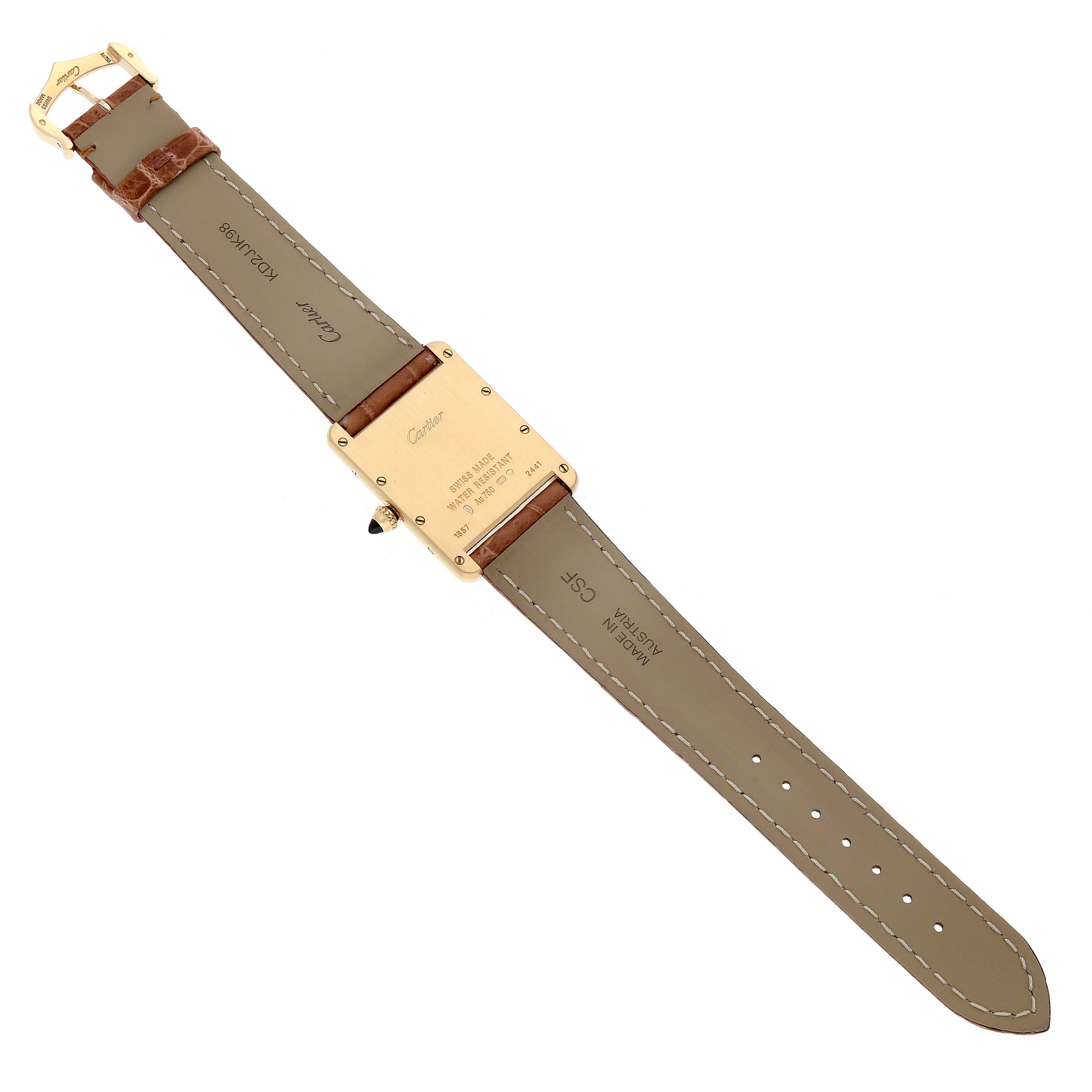 The image shows the back view of a Cartier Tank Louis W1529756 Men's Yellow Gold Silver Dial W1529756 Men's Yellow Gold Silver Dial watch, highlighting its case back and leather straps.