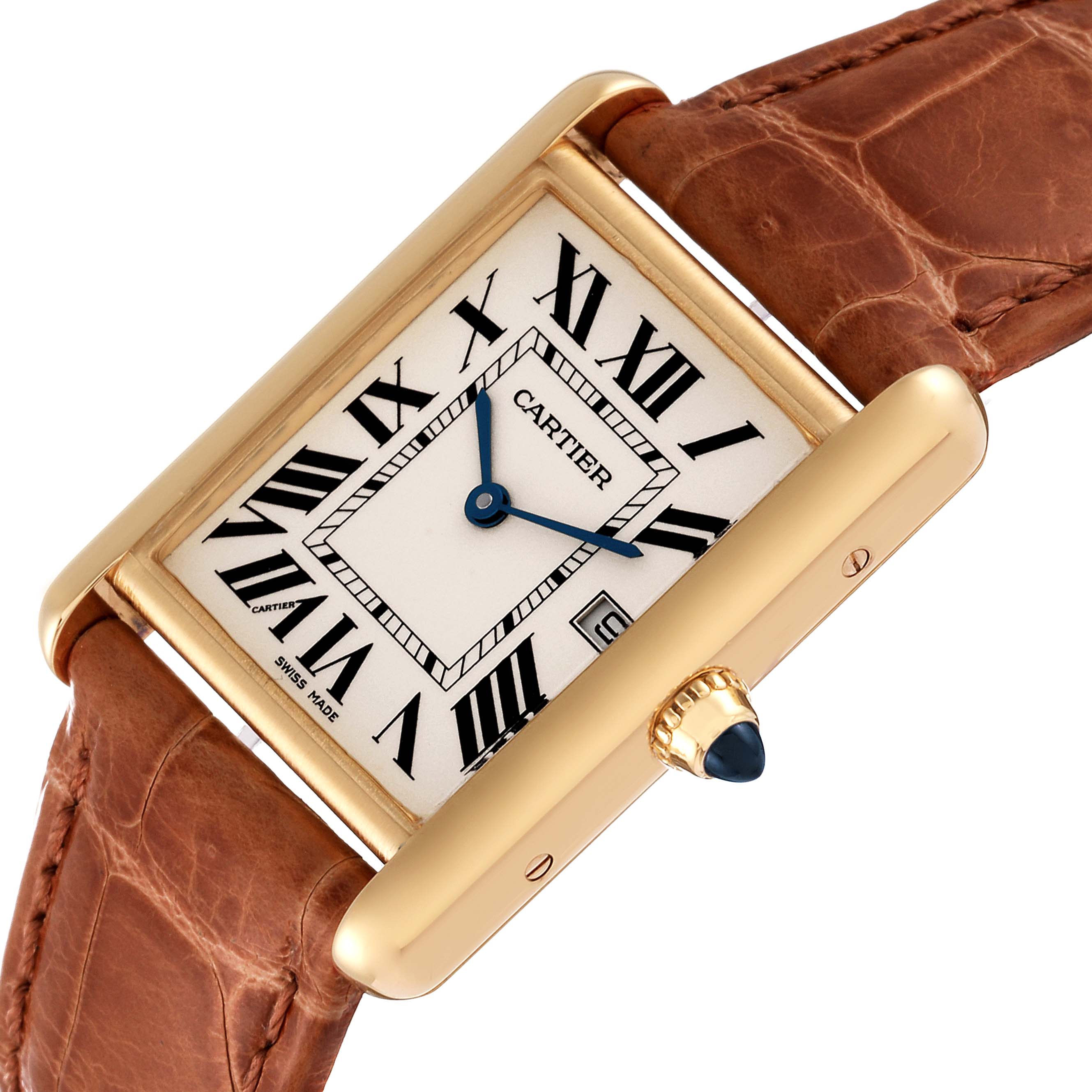 The image shows a Cartier Tank Louis W1529756 Men's Yellow Gold Silver Dial W1529756 Men's Yellow Gold Silver Dial watch at an angle highlighting the dial, crown, and part of the brown leather strap.
