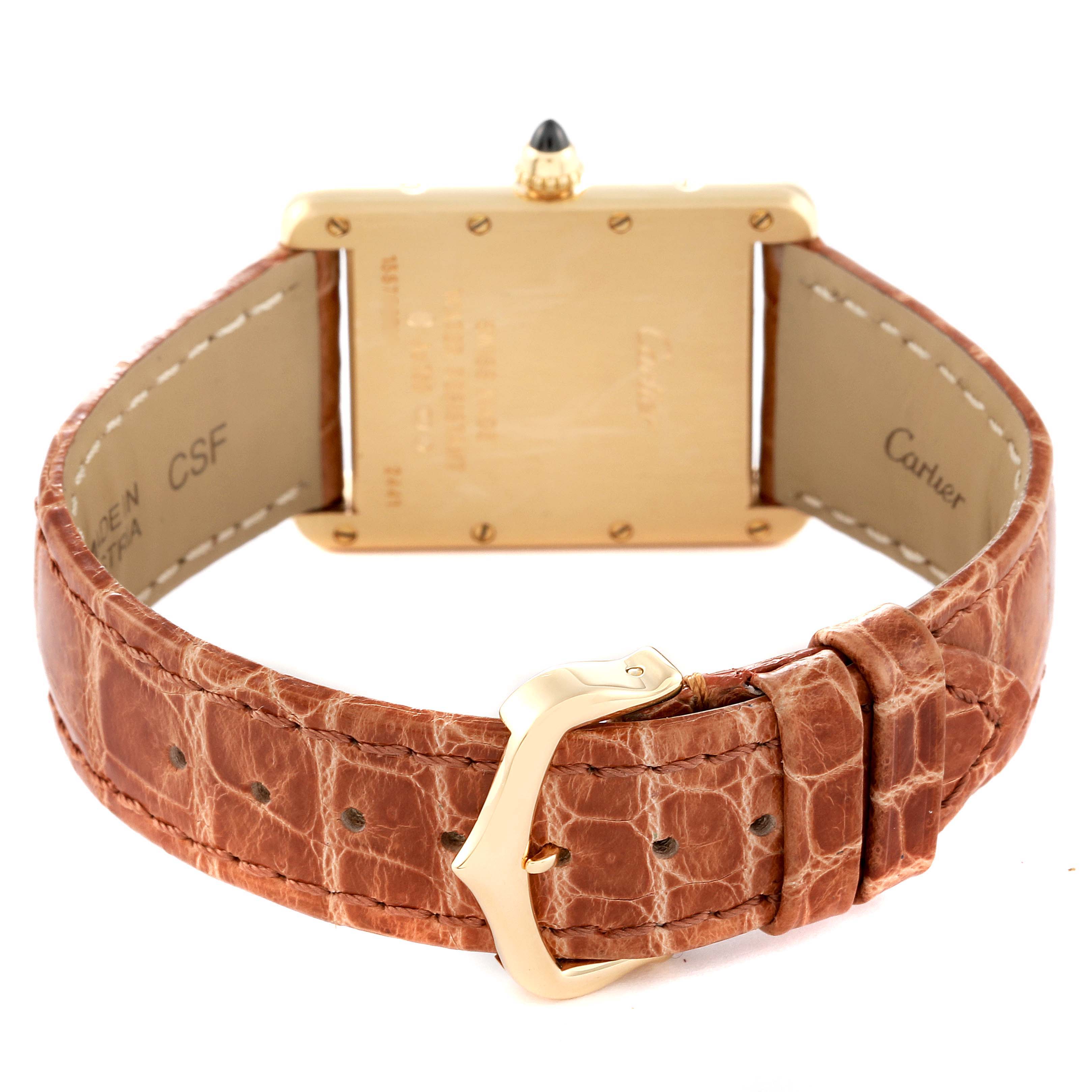 The image shows the back view of a Cartier Tank Louis W1529756 Men's Yellow Gold Silver Dial W1529756 Men's Yellow Gold Silver Dial watch, highlighting its leather strap and buckle.