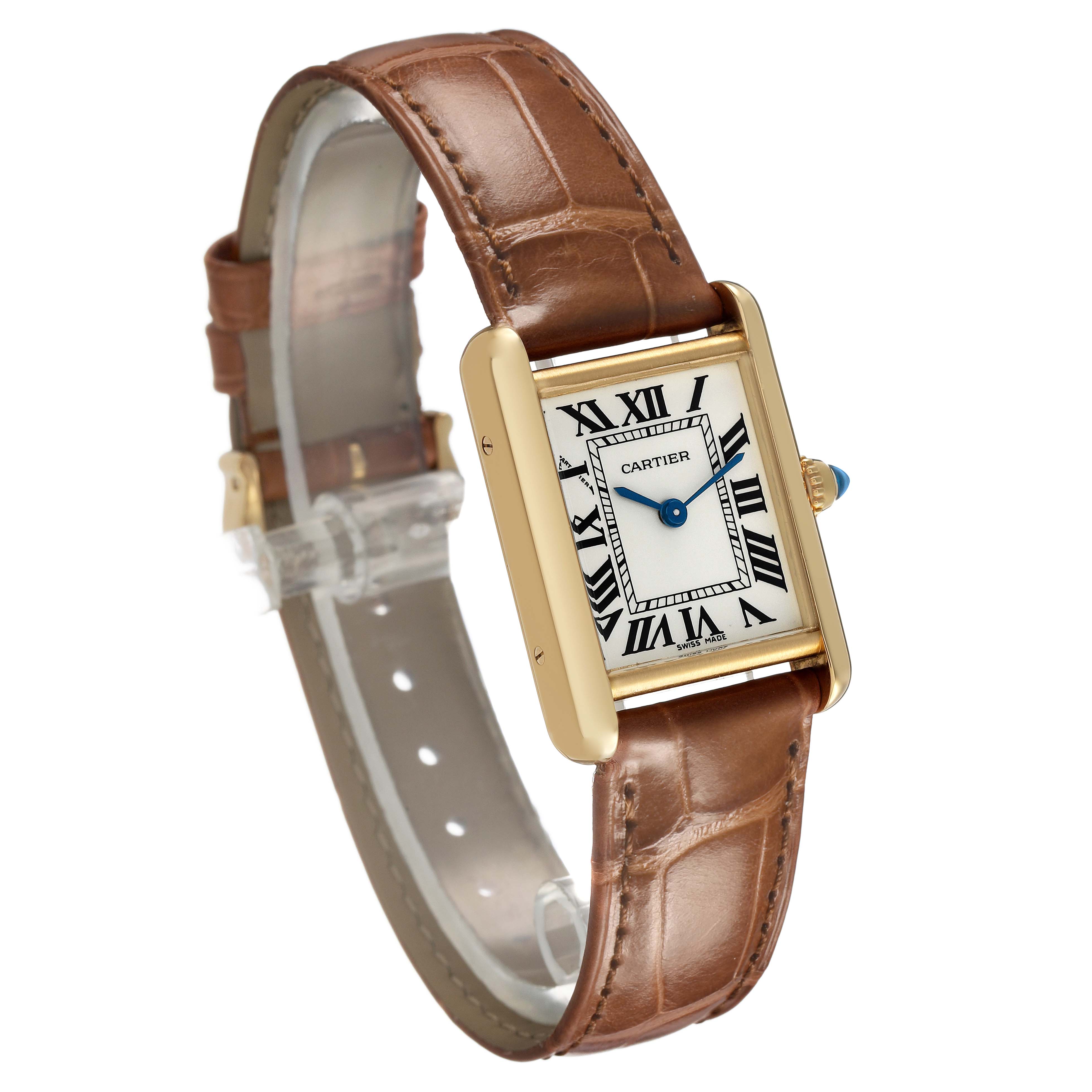 The Cartier Tank Louis W1529856 Women's Yellow Gold Silver Dial watch is shown at a diagonal angle, highlighting its rectangular case and brown leather strap.