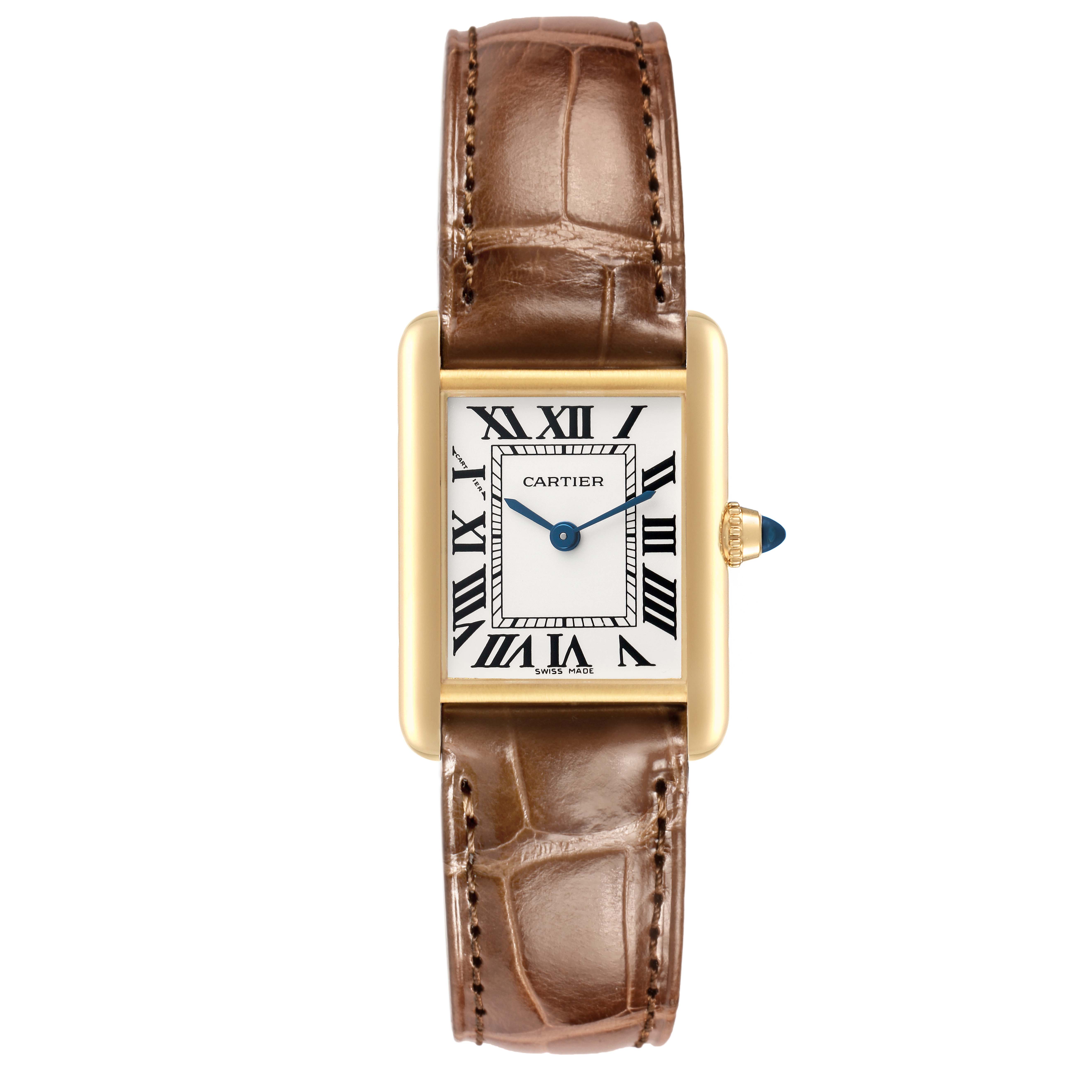 The Cartier Tank Louis W1529856 Women's Yellow Gold Silver Dial watch is shown from a top-down angle, highlighting the face, Roman numerals, and leather strap.