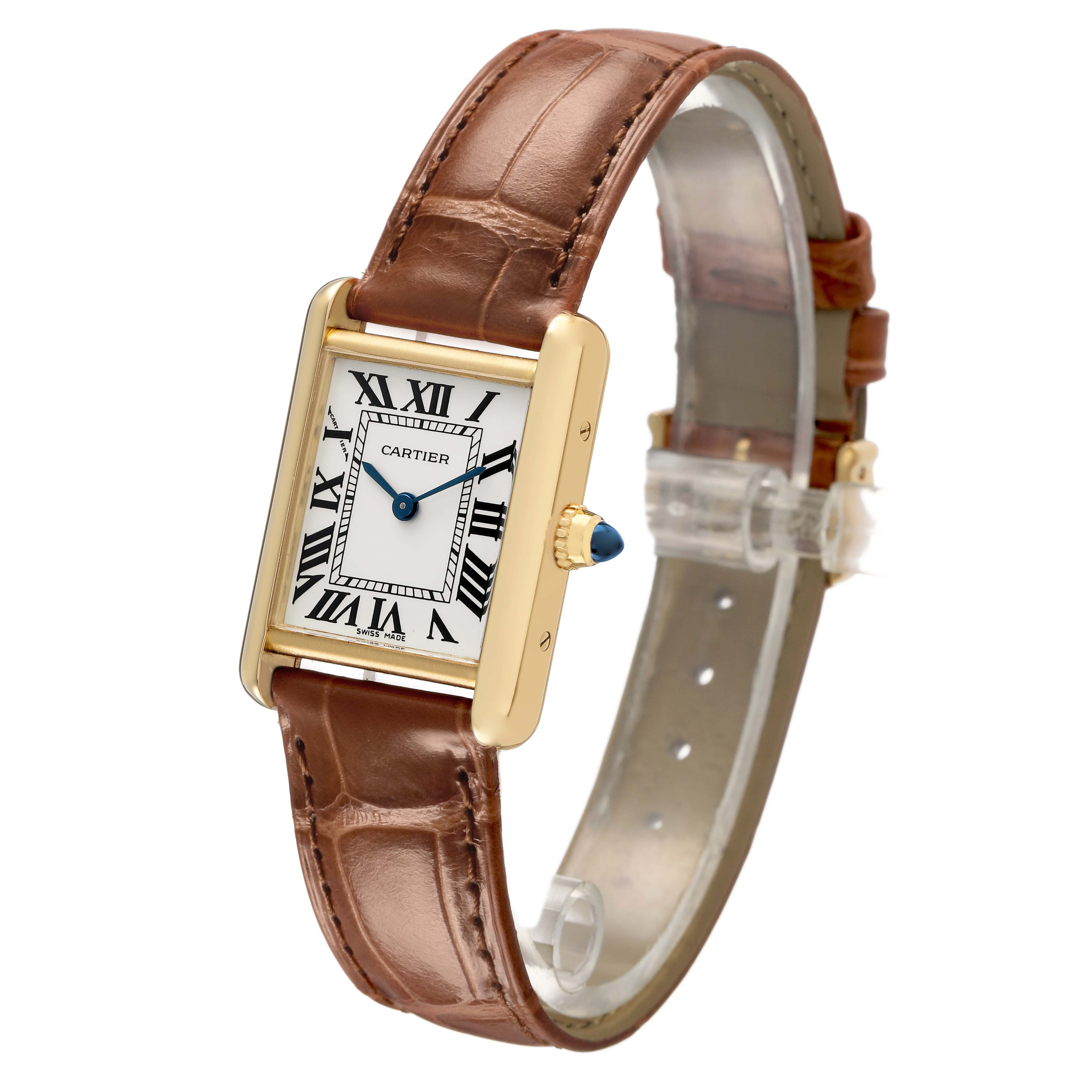 The Cartier Tank Louis W1529856 Women's Yellow Gold Silver Dial watch is shown at a slight angle highlighting the face, gold case, crown, and brown leather strap.