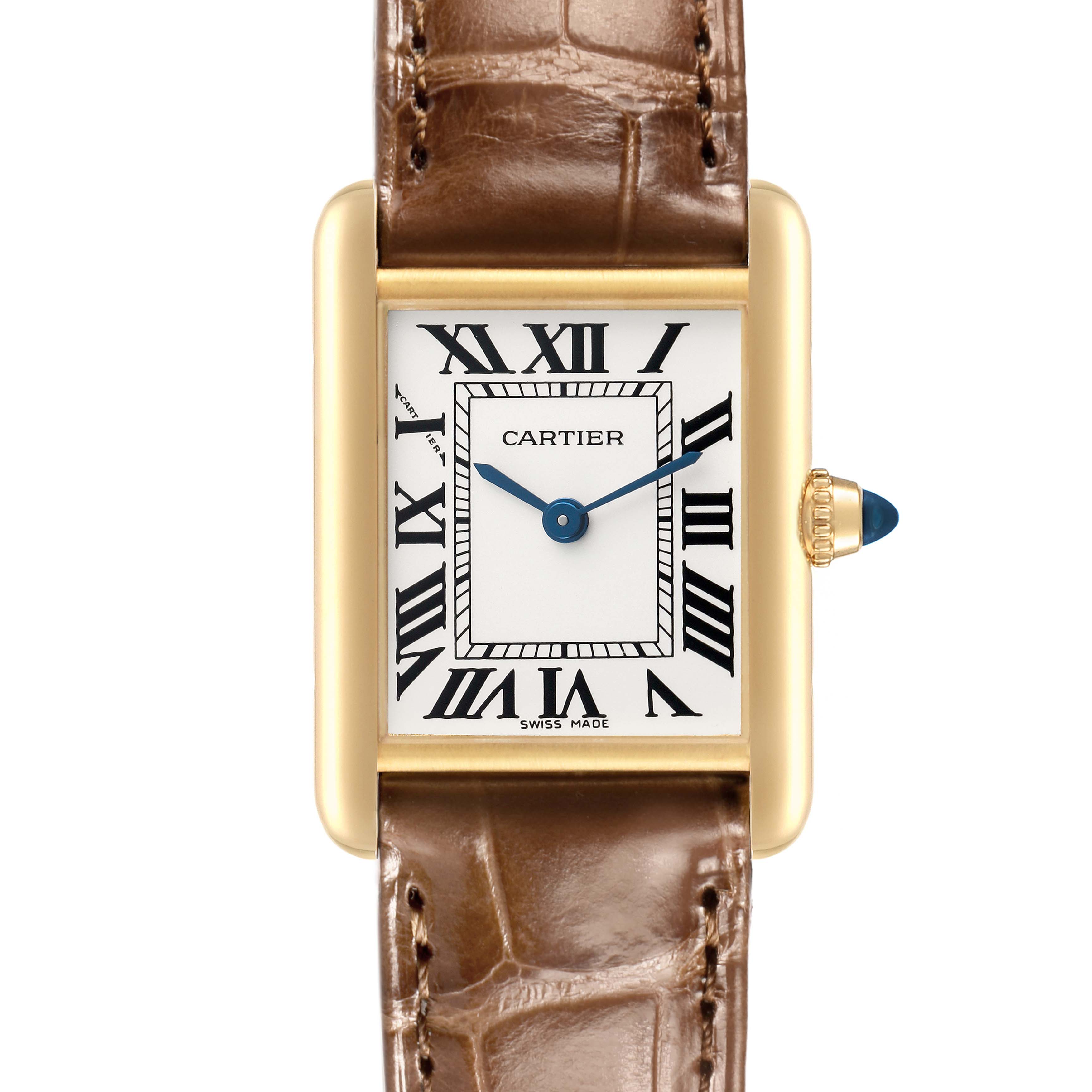 The Cartier Tank Louis W1529856 Women's Yellow Gold Silver Dial watch is shown from the front, highlighting its rectangular dial and brown leather strap.