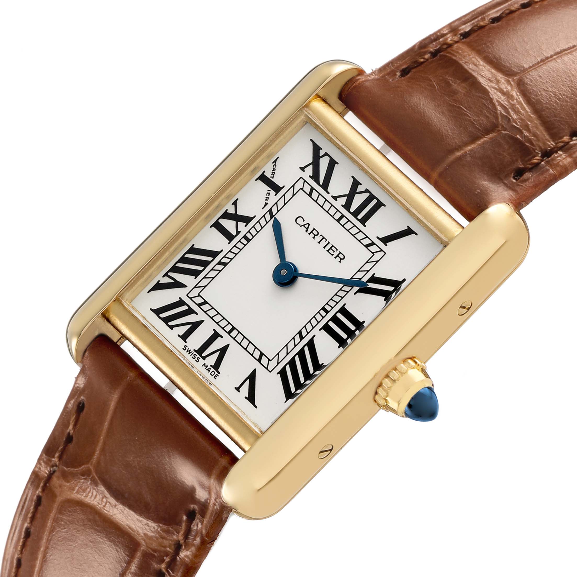 The Cartier Tank Louis W1529856 Women's Yellow Gold Silver Dial watch is shown at an angled top view, highlighting the gold case, Roman numerals, and leather strap.