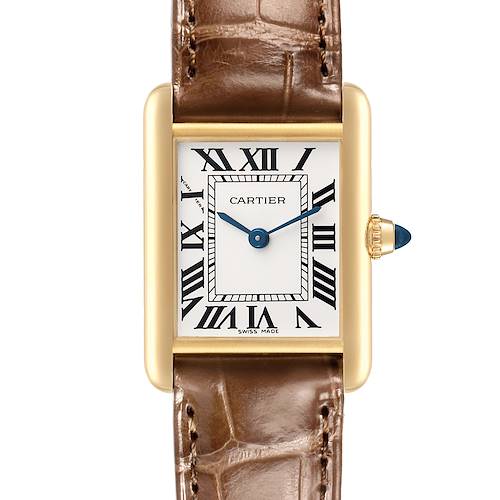 The Cartier Tank Louis W1529856 Women's Yellow Gold Silver Dial watch is shown from a front angle, displaying its dial, brown leather strap, and gold case.