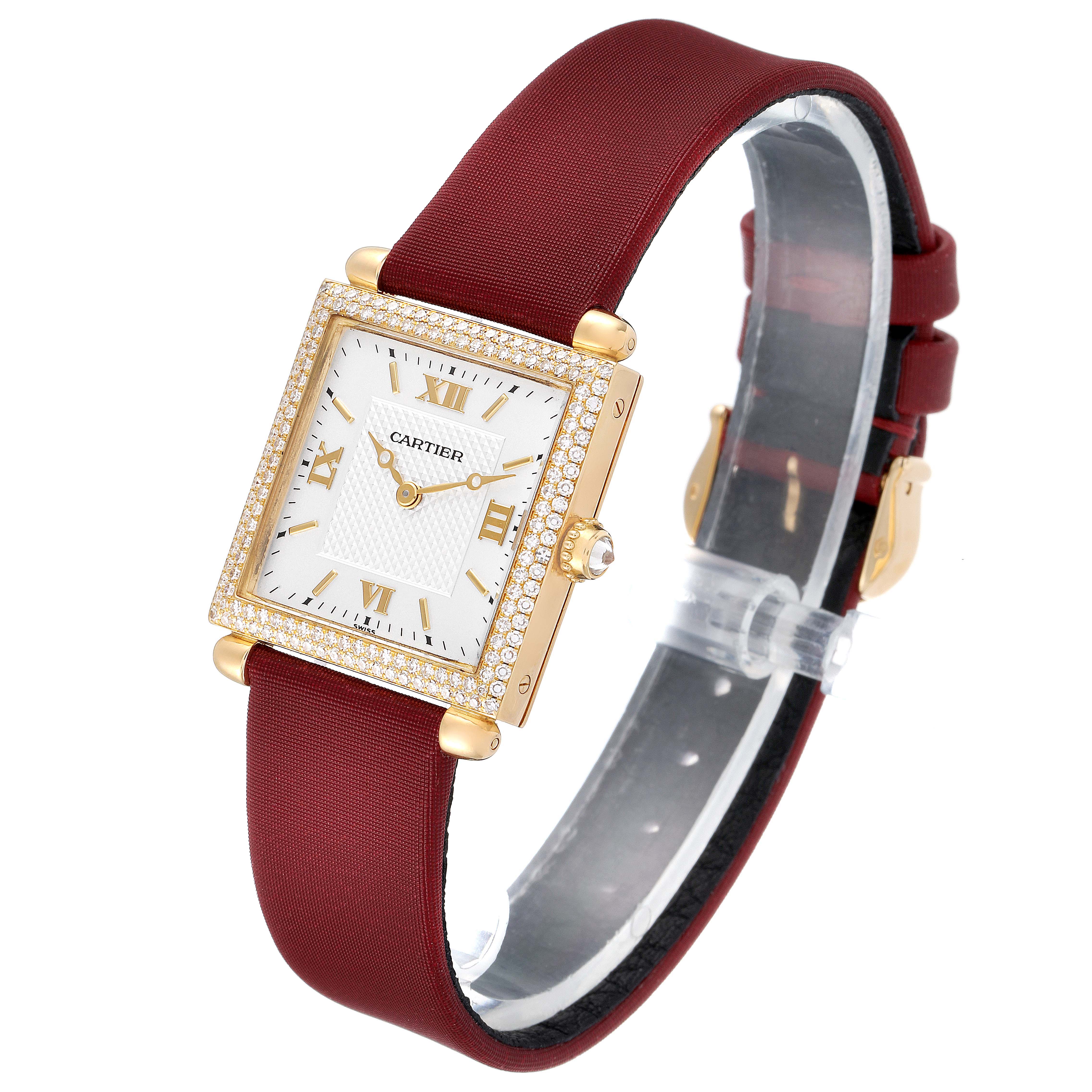 The image shows the front and side views of the Cartier Tank Obus WB800351  Women's Yellow Gold Silver Dial WB800351  Women's Yellow Gold Silver Dial watch, highlighting its square face, gold case, and maroon strap.