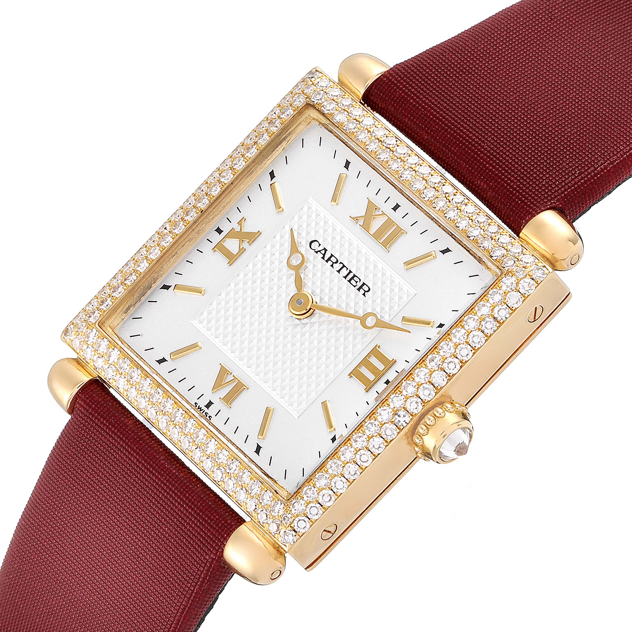 The Cartier Tank Obus WB800351  Women's Yellow Gold Silver Dial WB800351  Women's Yellow Gold Silver Dial watch is shown at a slight angle displaying its face, bezel, crown, and red strap.