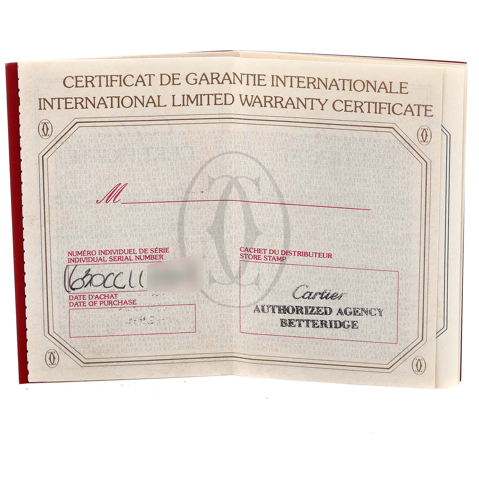 The image shows the international warranty certificate for the Cartier Tank Obus WB800351  Women's Yellow Gold Silver Dial WB800351  Women's Yellow Gold Silver Dial model, displaying official stamps and purchase details.