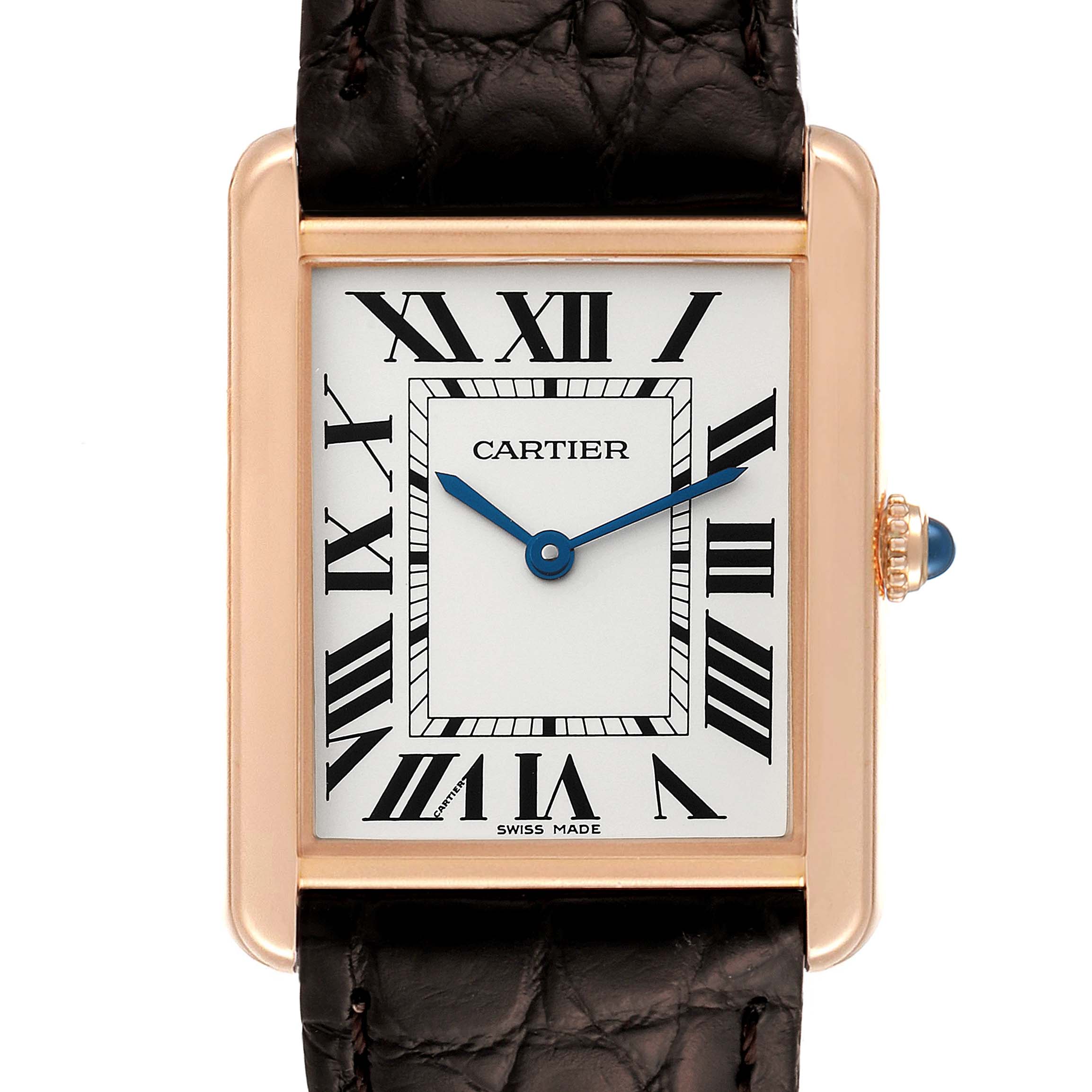 The image shows a front view of the Cartier Tank Solo W5200025 Men
s Rose Gold Silver Dial W5200025 Men
s Rose Gold Silver Dial watch, highlighting the face, Roman numerals, and part of the strap.
