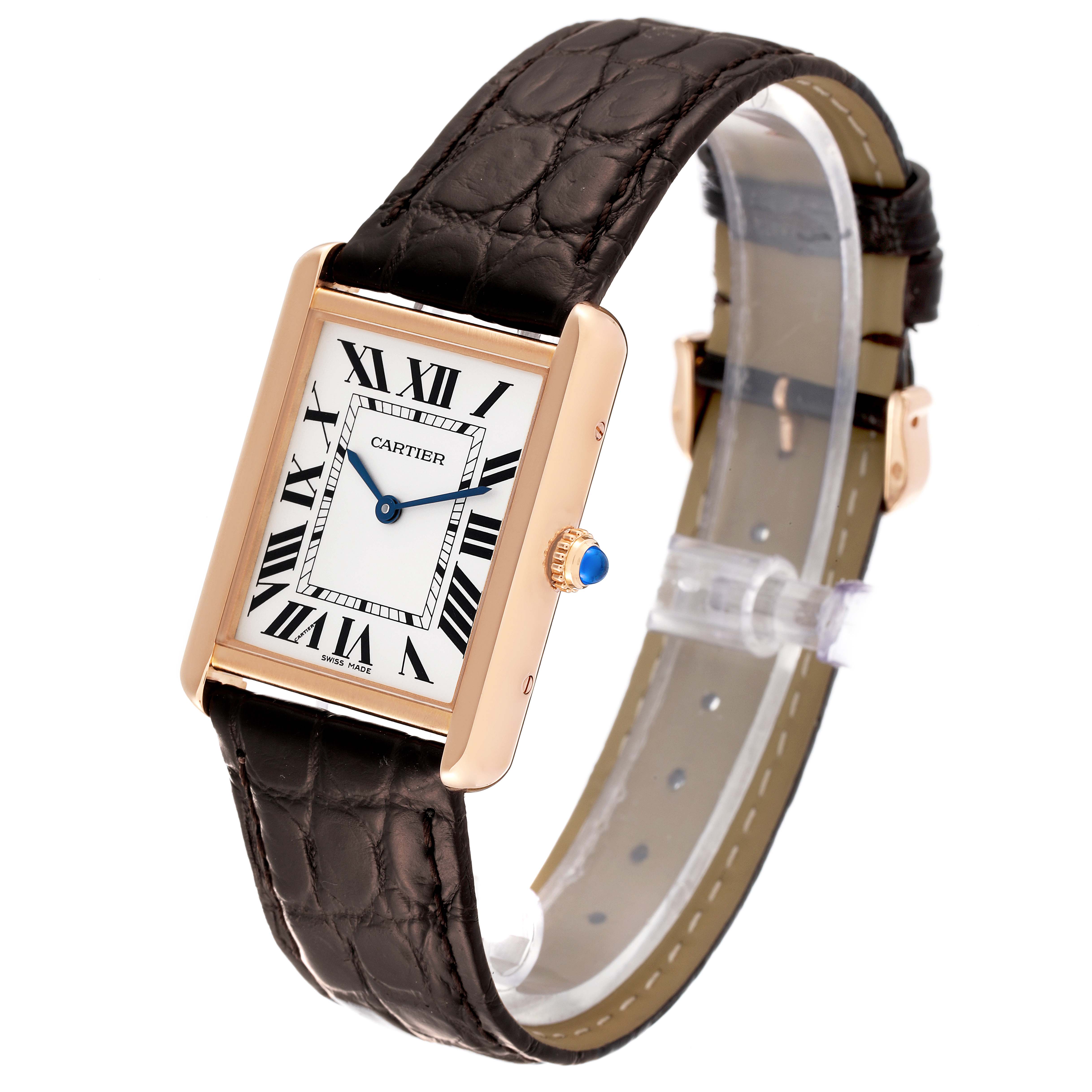 The image shows a Cartier Tank Solo W5200025 Men
s Rose Gold Silver Dial W5200025 Men
s Rose Gold Silver Dial watch at a diagonal angle, highlighting the watch face, leather strap, and crown.