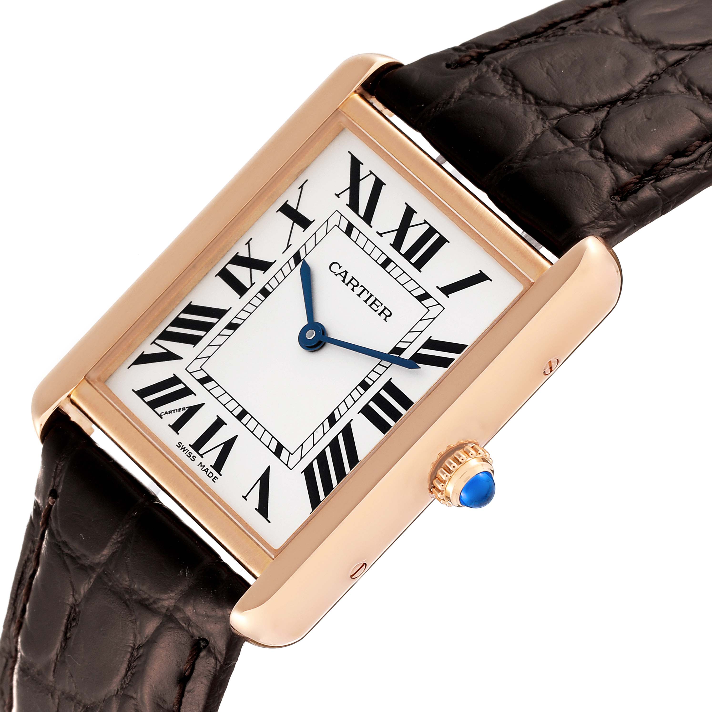 The image shows a Cartier Tank Solo W5200025 Men
s Rose Gold Silver Dial W5200025 Men
s Rose Gold Silver Dial watch at an angled view highlighting the face, case, crown, and part of the leather strap.